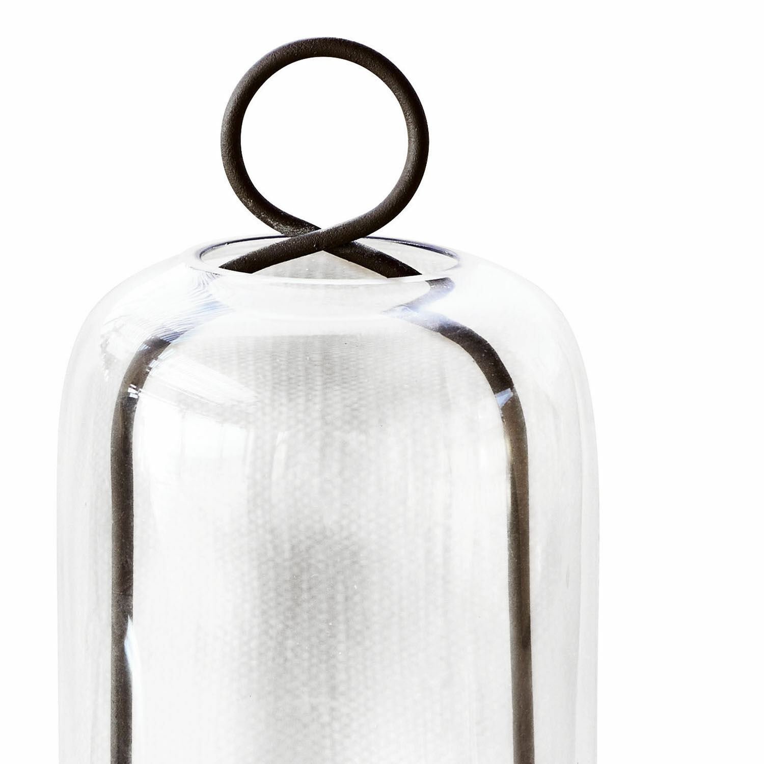 Glasglocke mit metallischem Griff in Schlaufenform, transparente Wohnraumdekoration