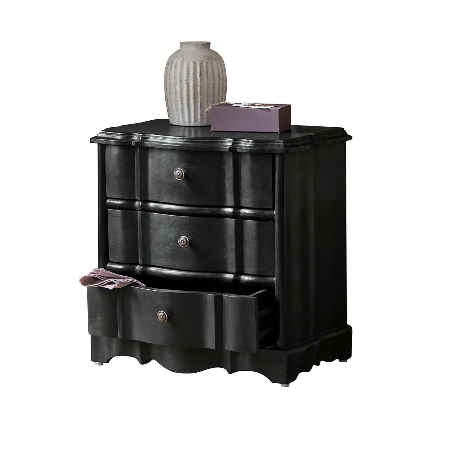 Schwarze Holzkommode mit drei Schubladen und dekorativer Vase auf der Ablage, Wohnzimmermöbel