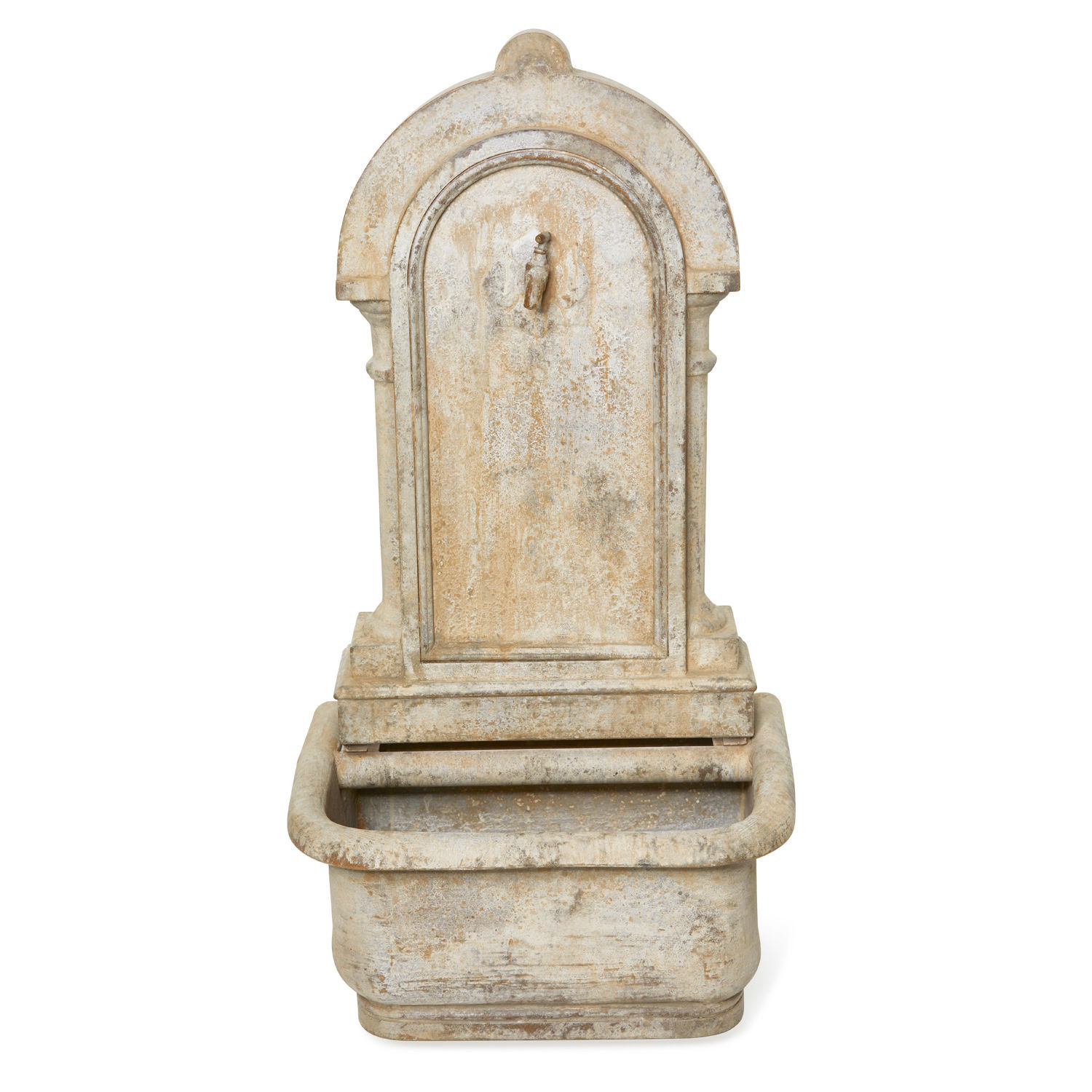 Wandbrunnen Ivera Dekorativer Gartenbrunnen aus beigem Stein im rustikalen Stil, Außenbereich Dekoration