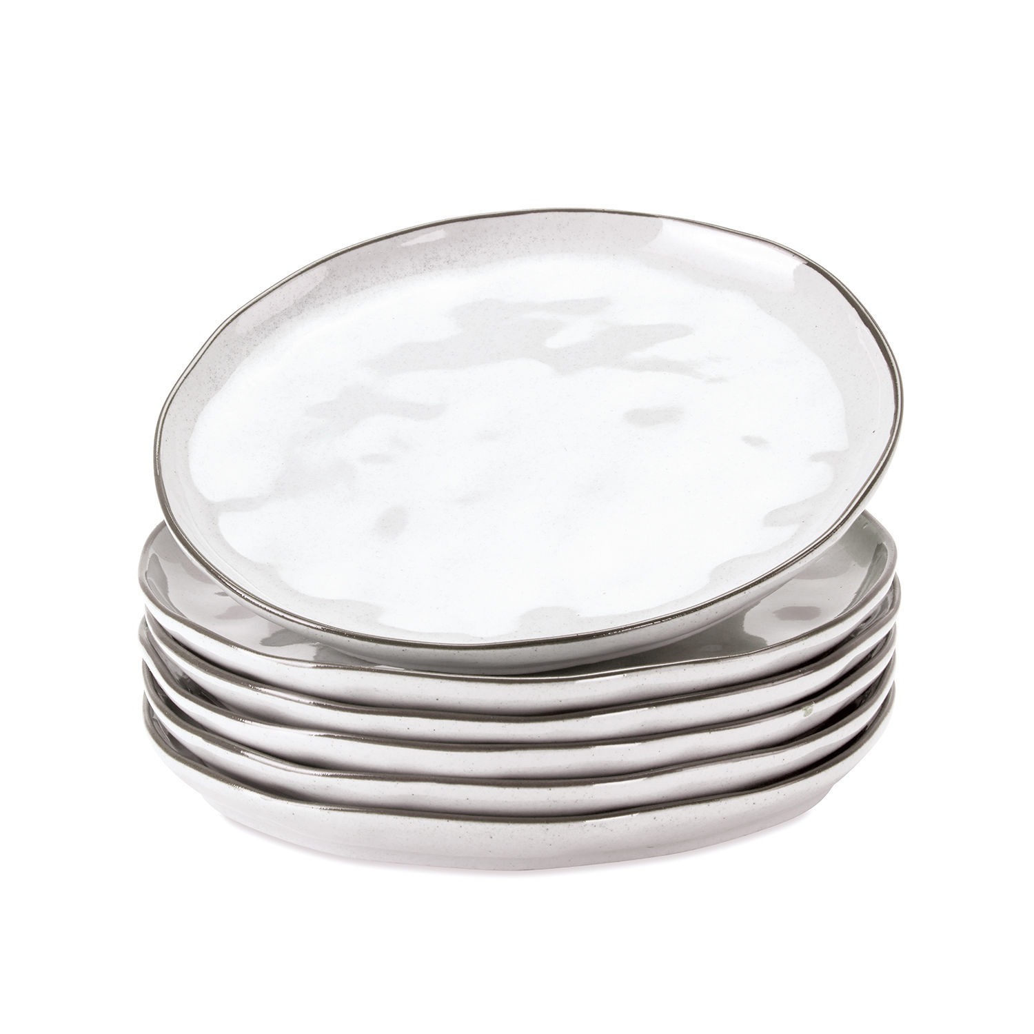 Dessertteller 6er Set Biarré Set aus sechs weißen Keramiktellern mit feinem grauem Rand zum Servieren von Speisen