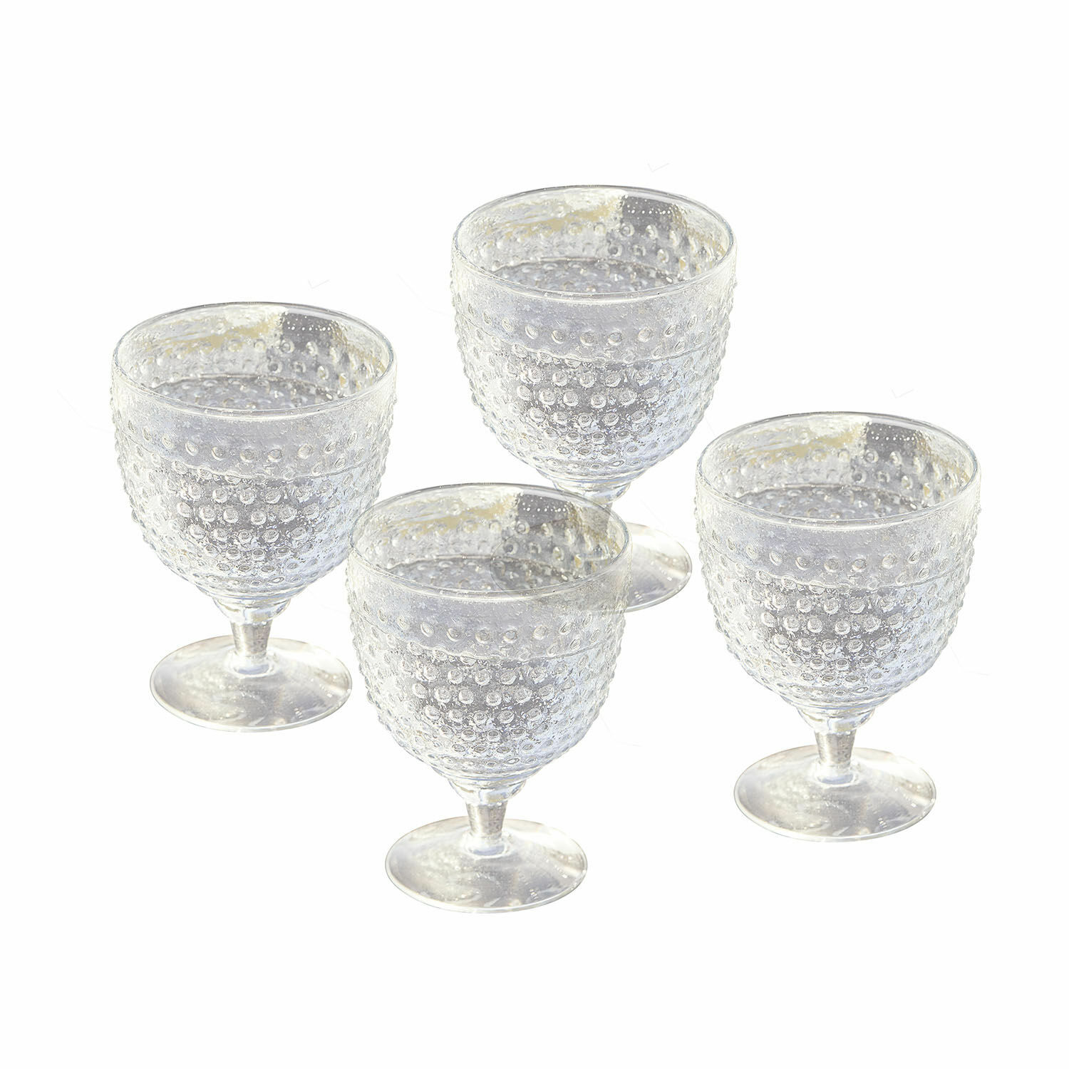 Set aus vier transparenten Gläsern mit erhabenen Punkten, dekoratives Trinkglas aus Glas