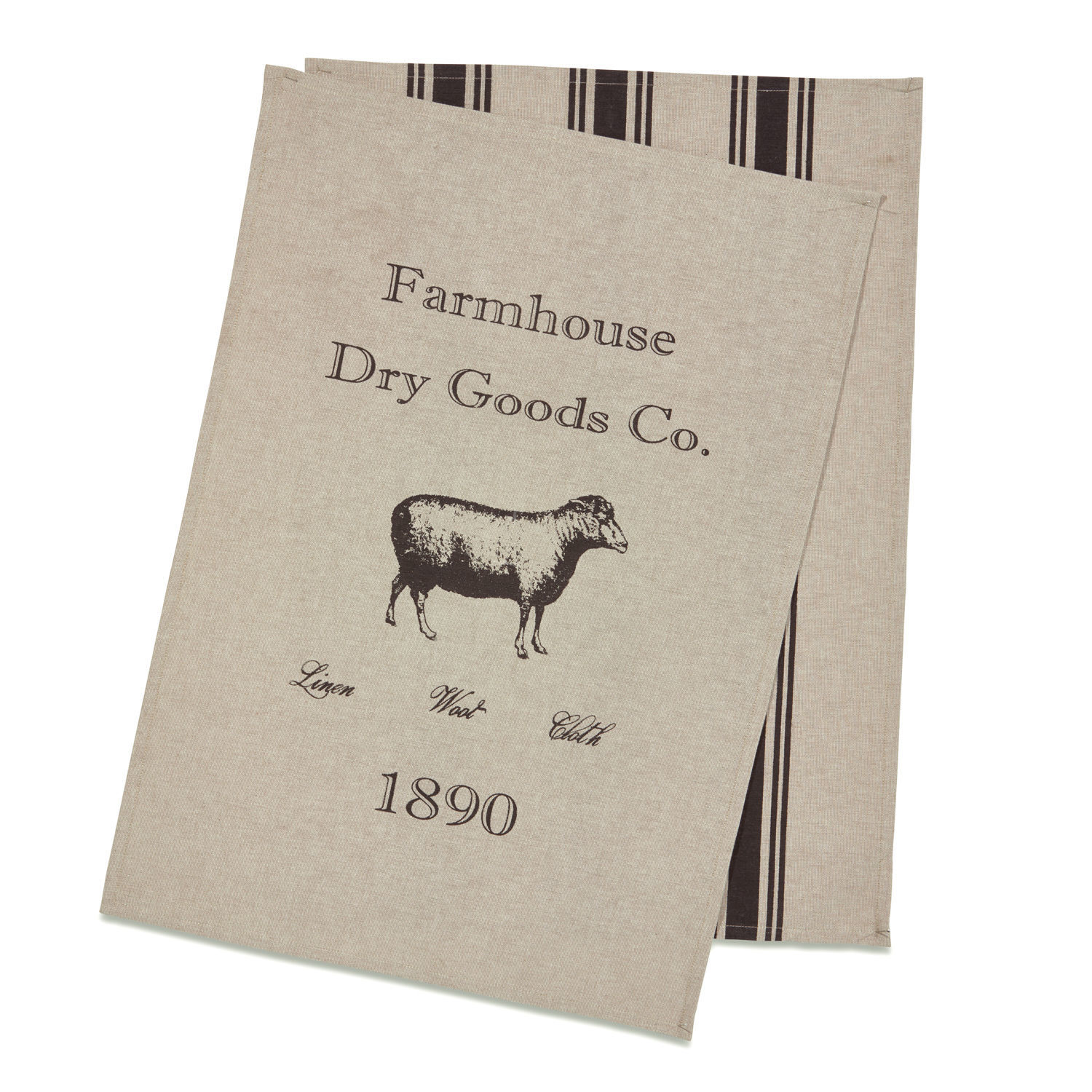 Beiger Leinen-Geschirrtuch mit Schaf-Motiv und Schriftzug Farmhouse Dry Goods Co.