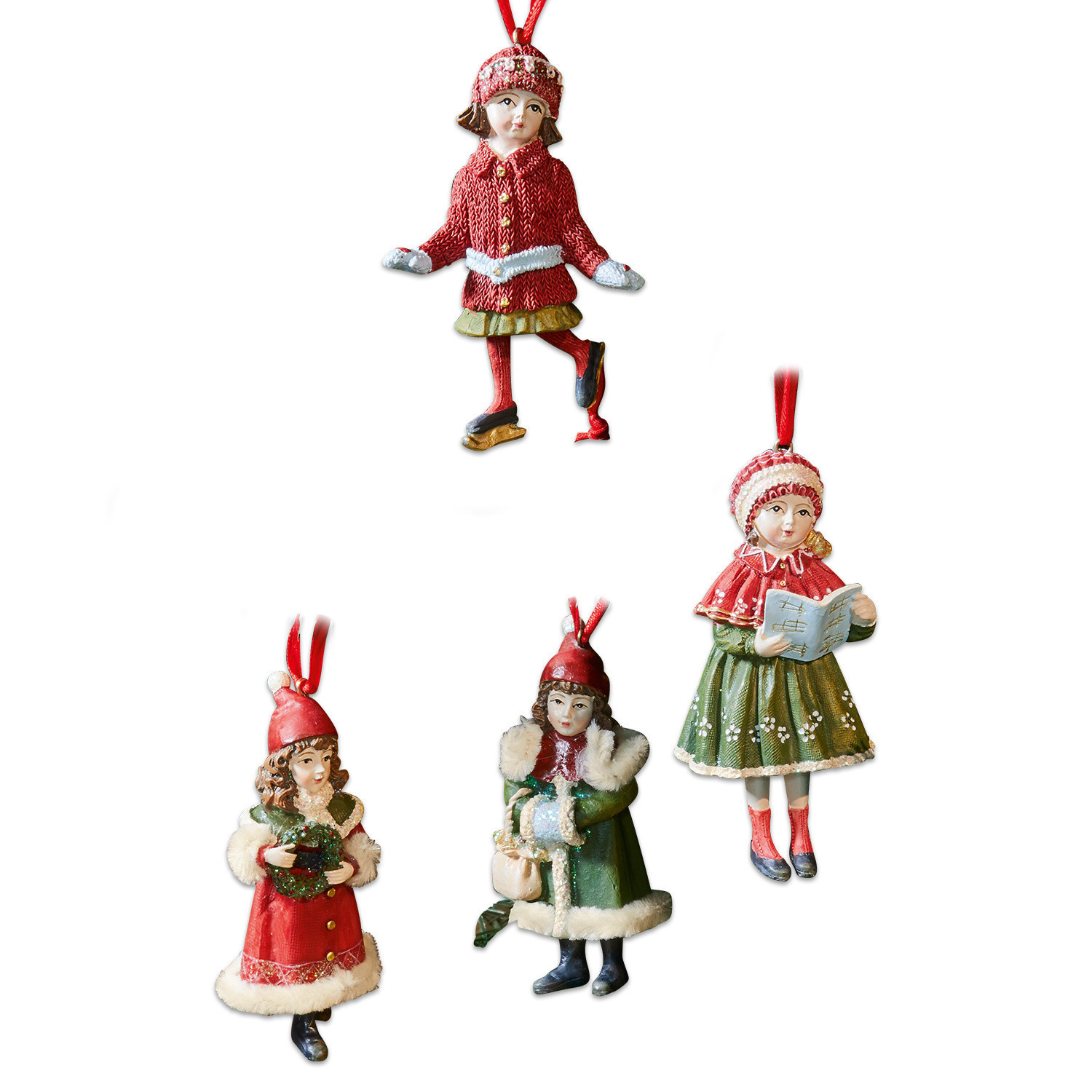 Anhänger 4er Set Nostalgic Set aus vier Weihnachtsbaum-Anhängern mit Kindern in roten und grünen Winterkleidern