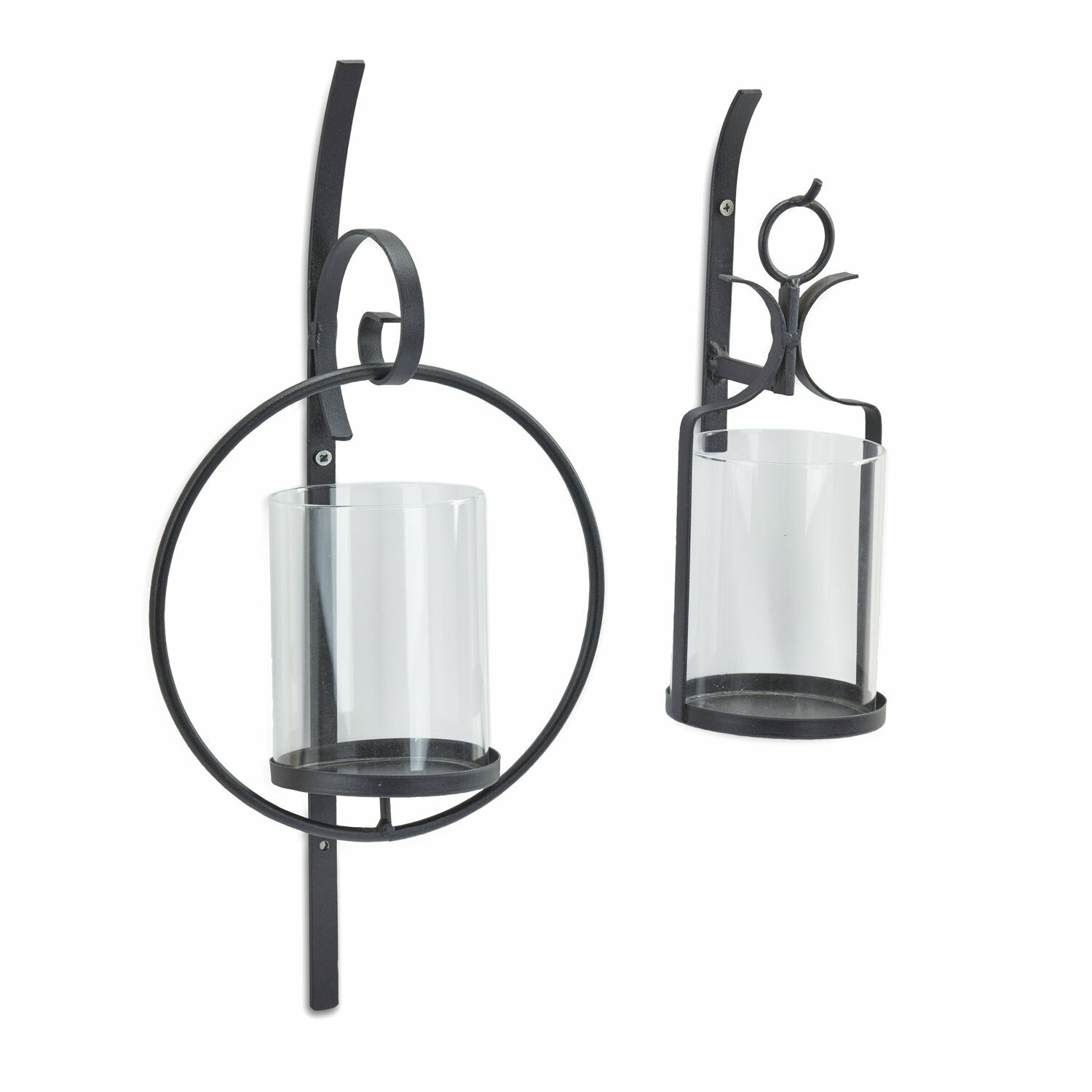 Set aus zwei schwarzen Metall-Wandleuchtern mit transparenten Glasbehältern für Kerzen