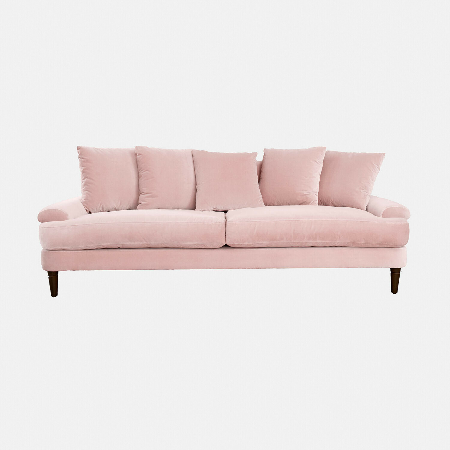 Sofa Rivermere Rosa Samtsofa mit fünf Kissen und Holzbeinen, gemütlich für Wohnzimmer
