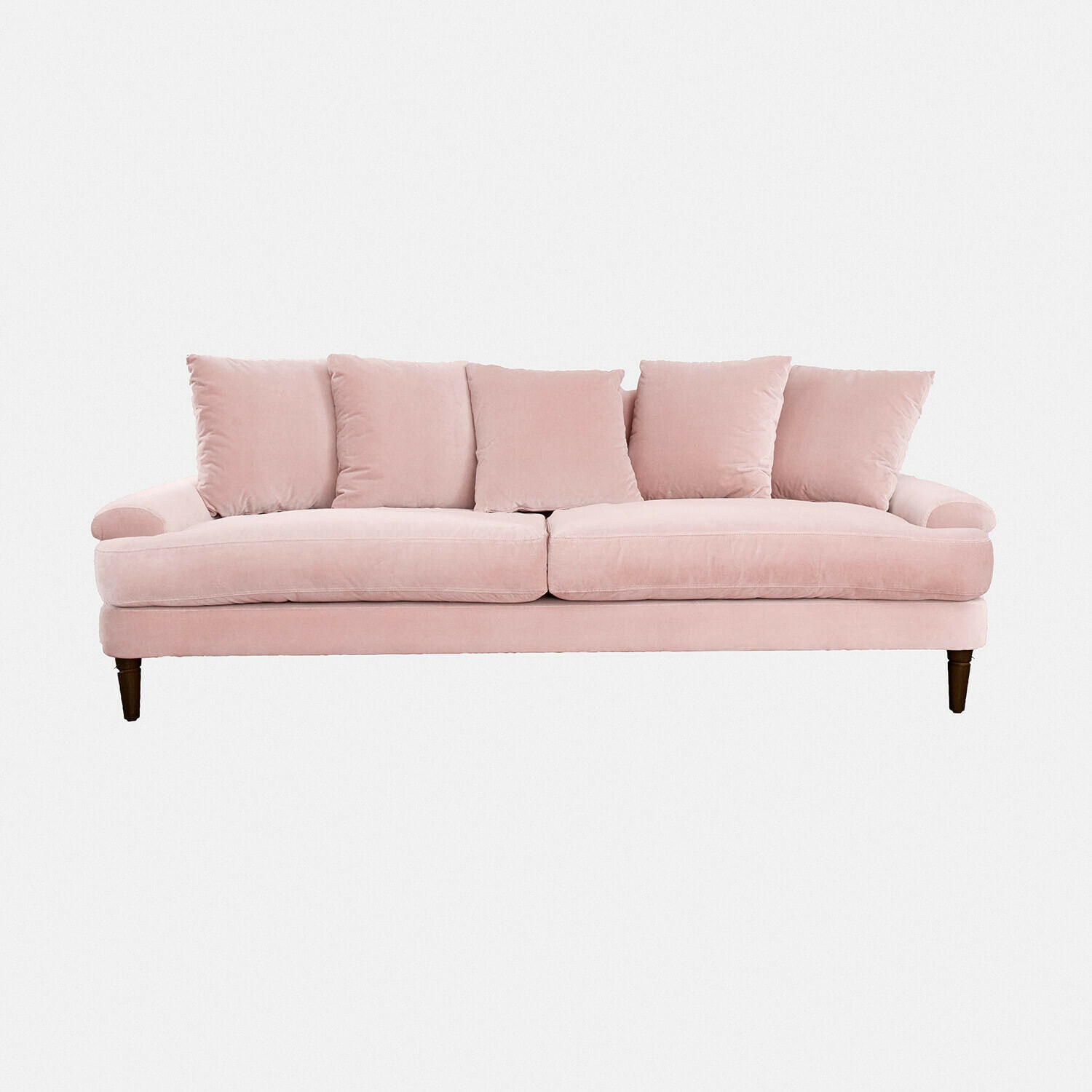 Sofa Rivermere Rosa Samtsofa mit fünf Kissen und Holzbeinen, gemütlich für Wohnzimmer