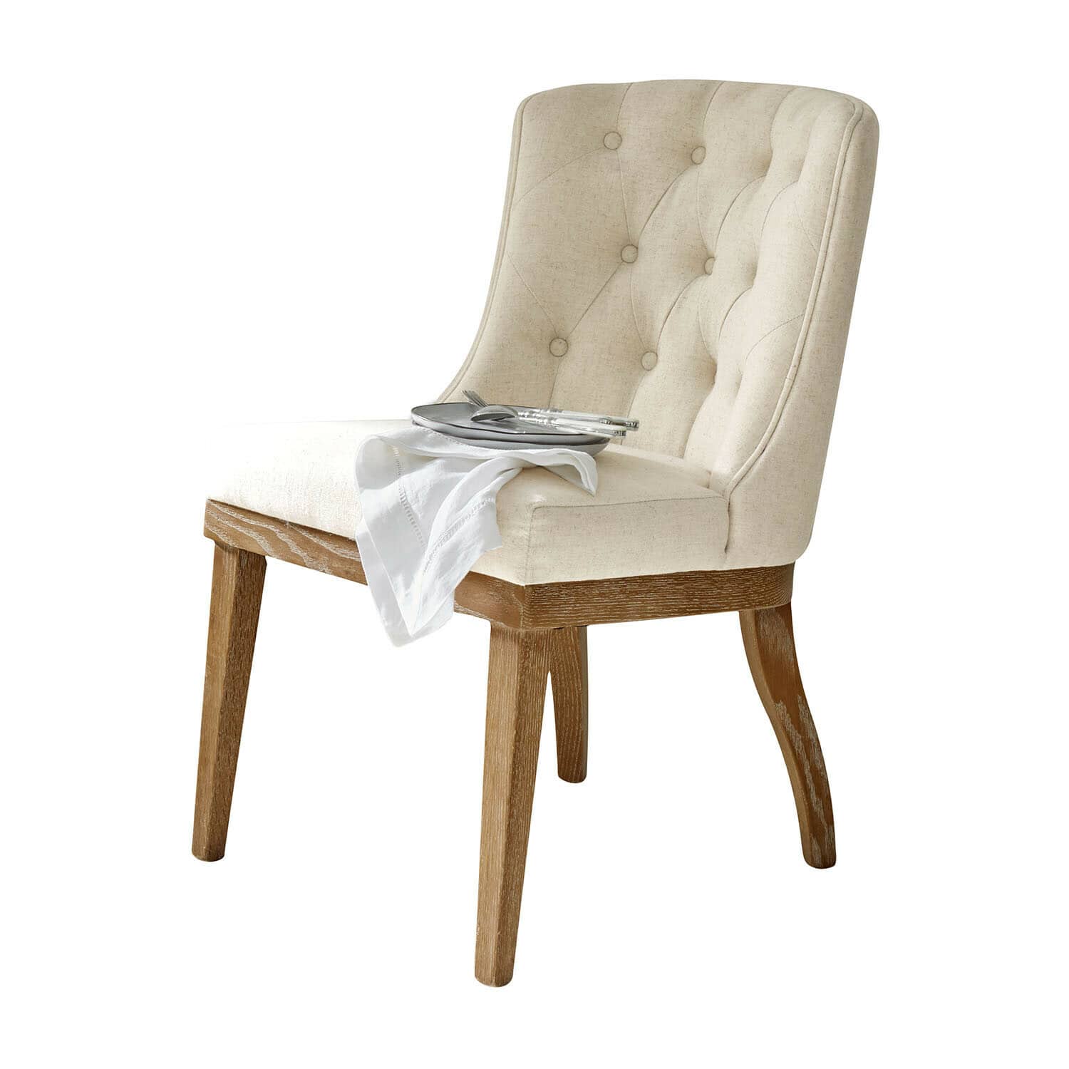 Stuhl Fairwyn Beiger gepolsterter Stuhl mit Holzbeinen und weißer Serviette auf dem Sitz, elegantes Esszimmermöbel
