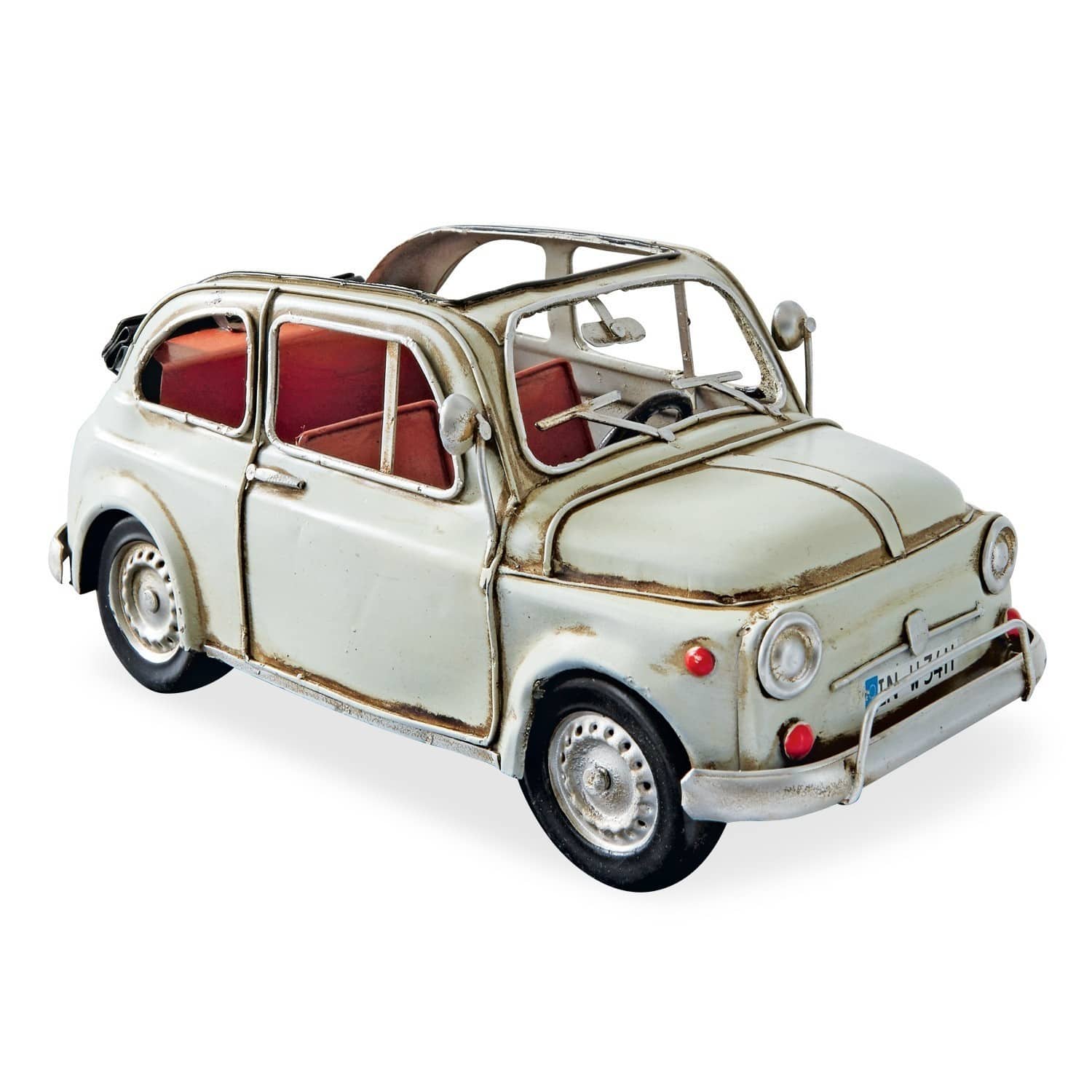 Metallmodell eines weißen Retro-Autos mit rotem Innenraum, dekoratives Vintage-Stück