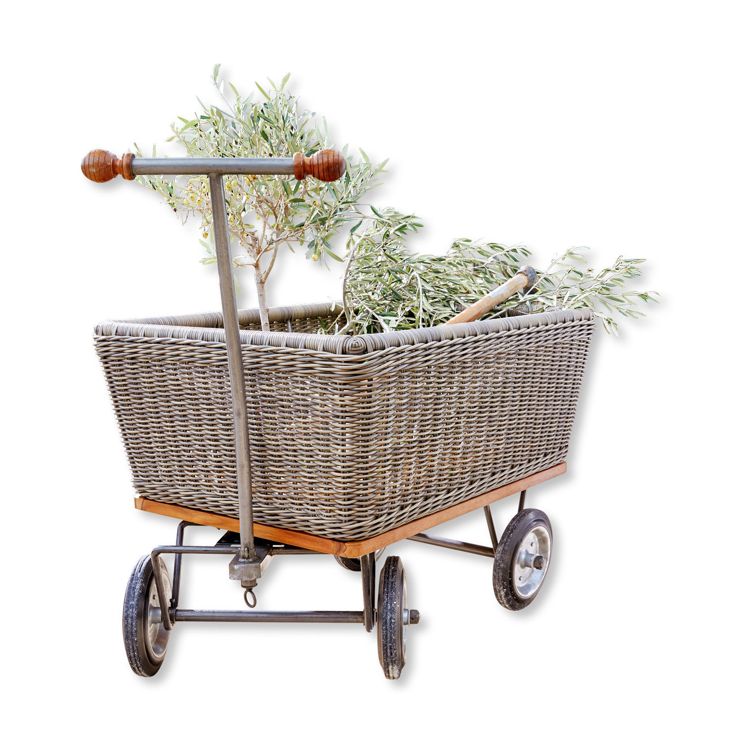 Gartenwagen aus grauem Rattan und Metall mit grünen Zweigen zum Pflanzen-Transport