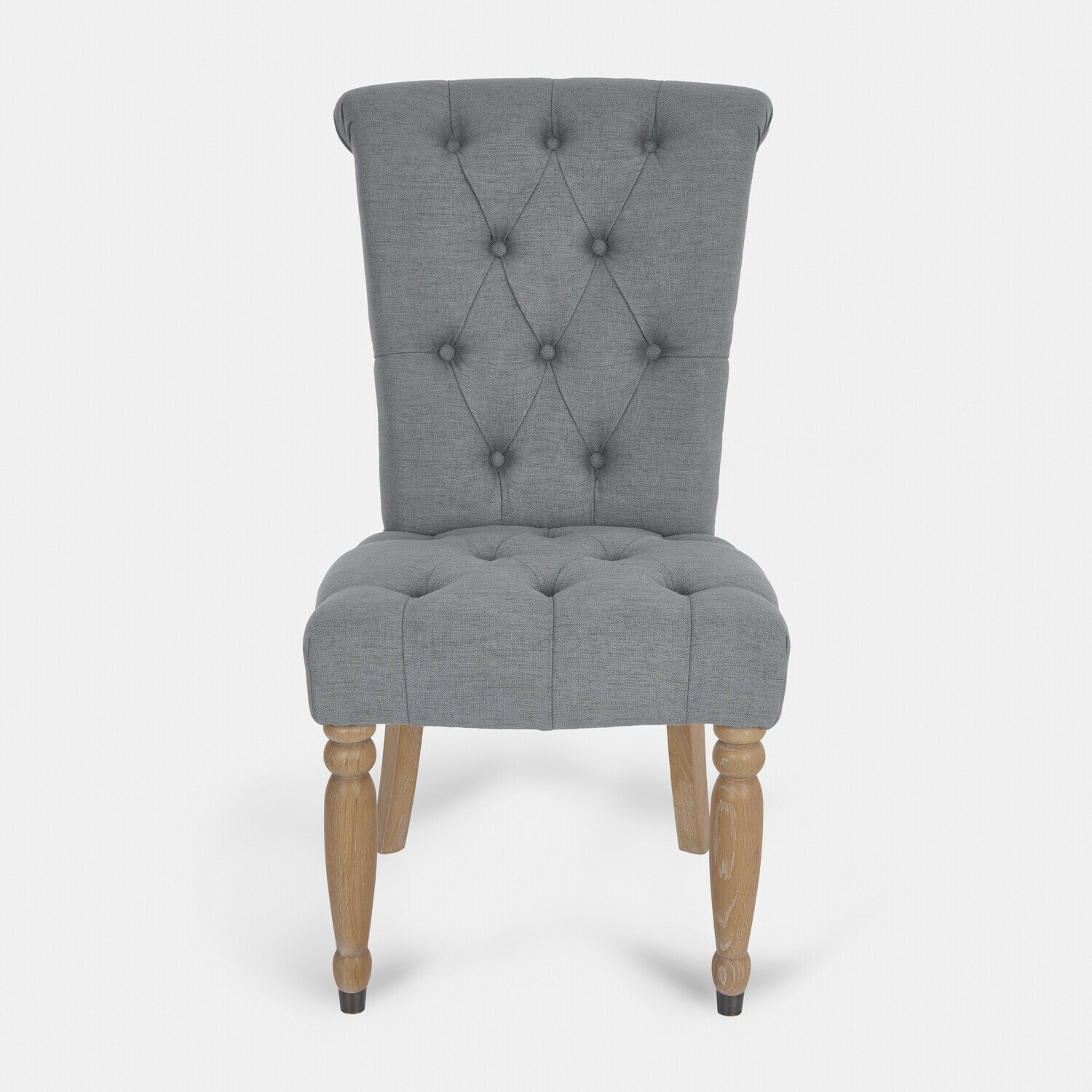 Grau gepolsterter Stuhl mit gedrechselten Holzbeinen im Vintage-Stil für Wohnzimmer und Esszimmer