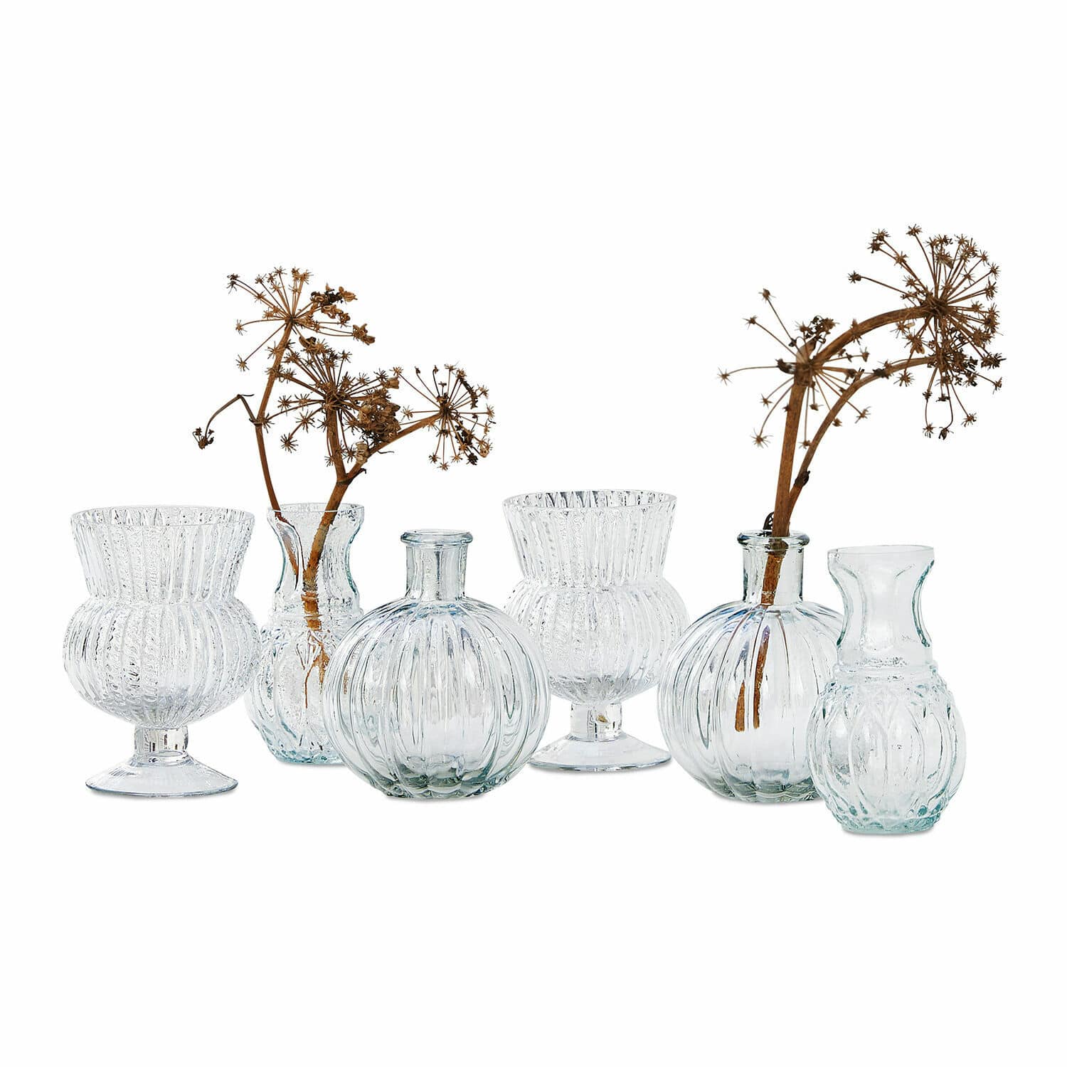Vase 6er Set Amber Sechsteiliges Set aus transparenten Glasvasen mit getrockneten Blumen als Tischdekoration