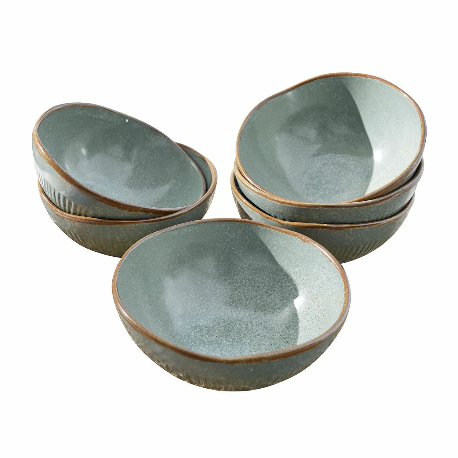 Schüssel 6er Set Périers Set aus grünen Keramikschalen mit braunem Rand, ideal zum Servieren von Suppe oder Salat