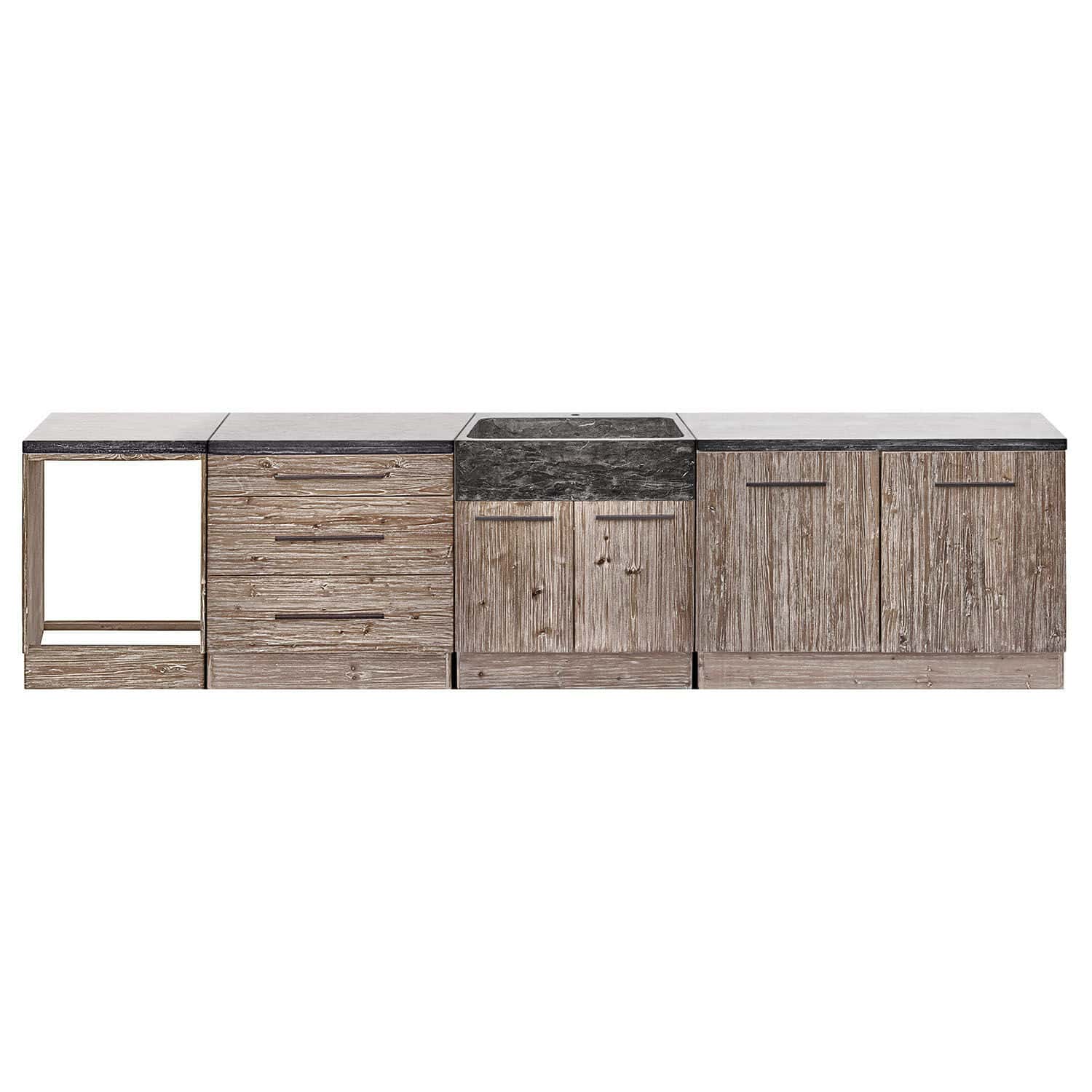 Modulares Küchenmöbel aus Holz und grauem Stein mit Spüle und Schubladen