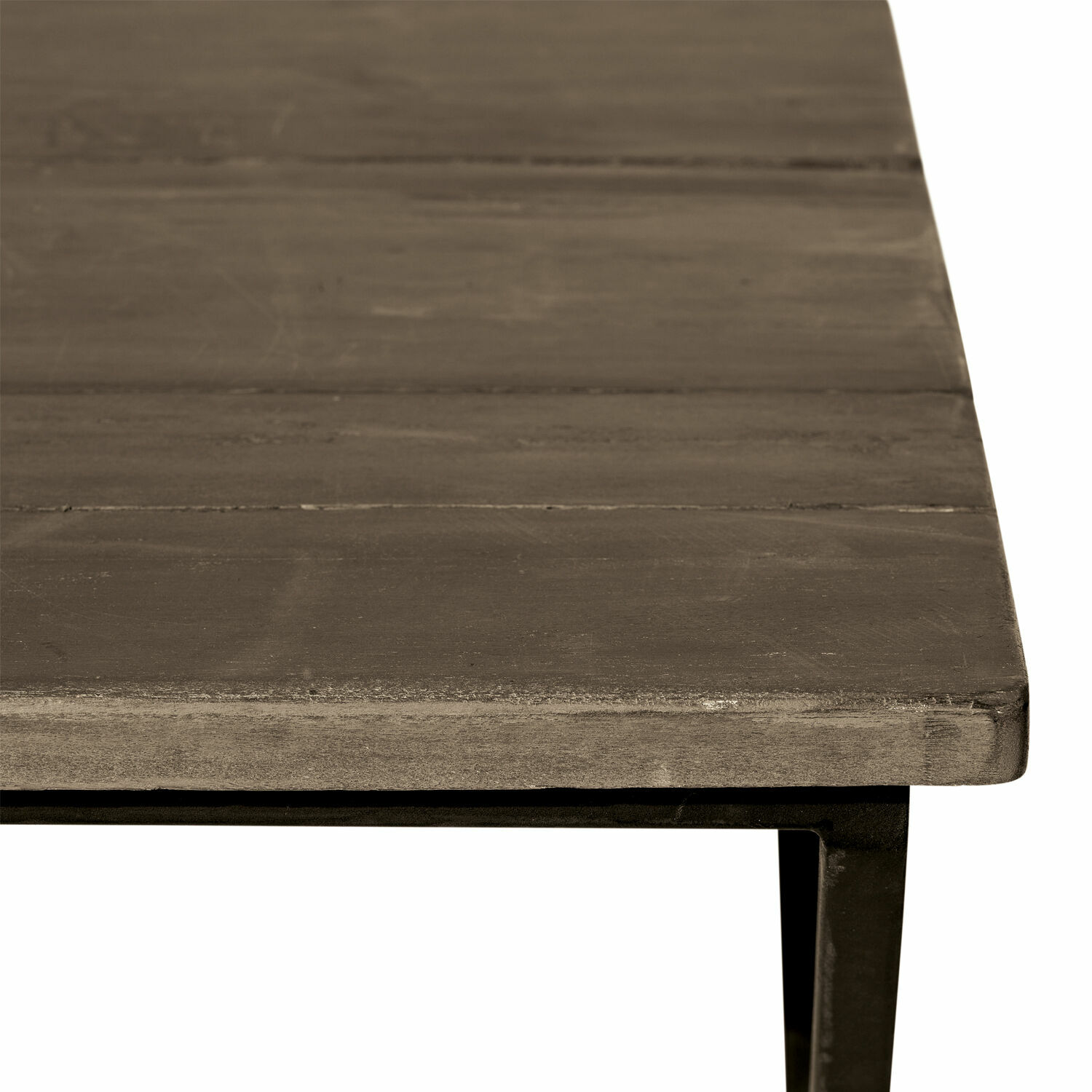 Tischplatte aus dunklem Holz auf schwarzem Metallgestell, modernes Möbeldesign
