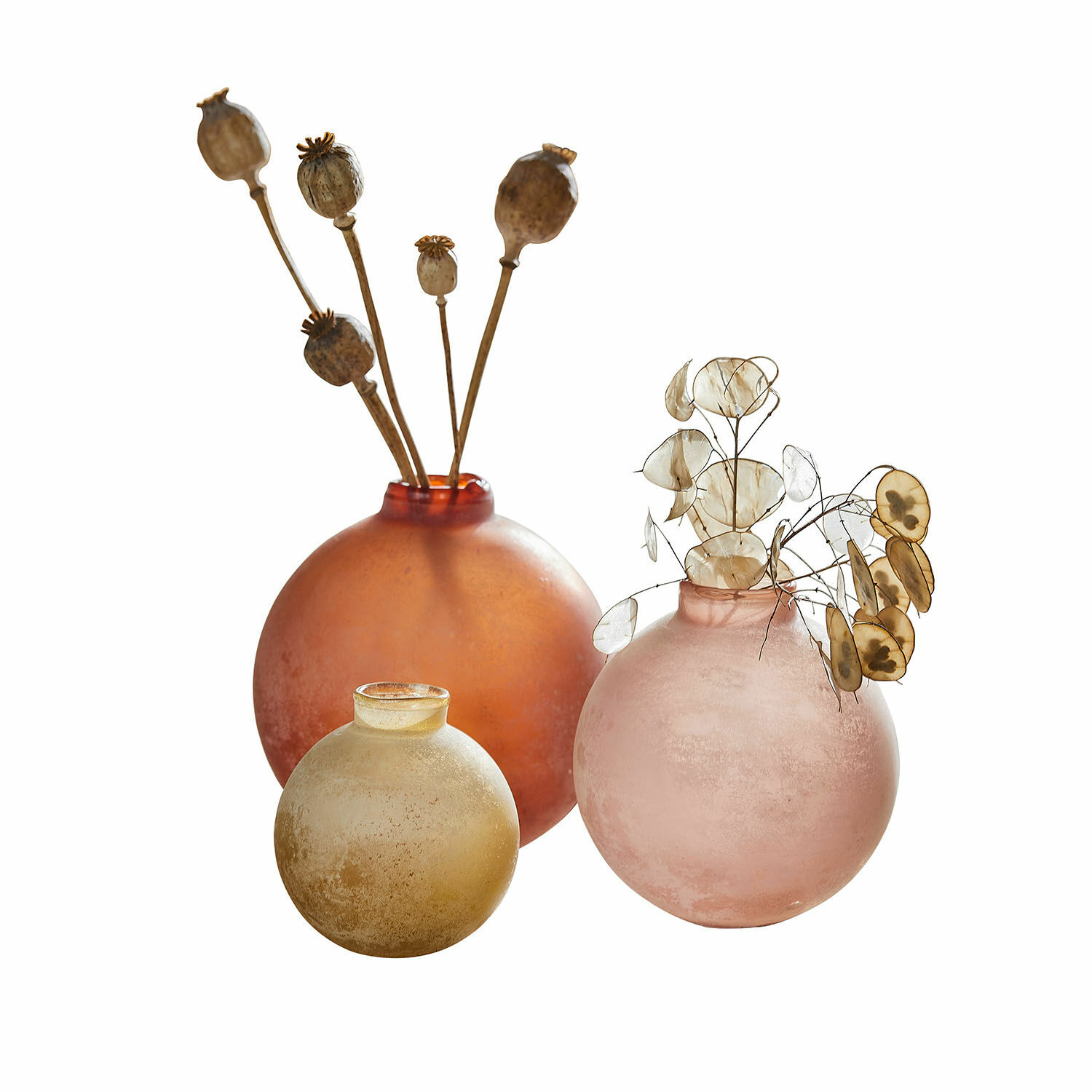 Vase 3er Set Imbrianno Set aus drei matten Glasvasen in Orange, Rosa und Gelb mit getrockneten Blumen als Deko