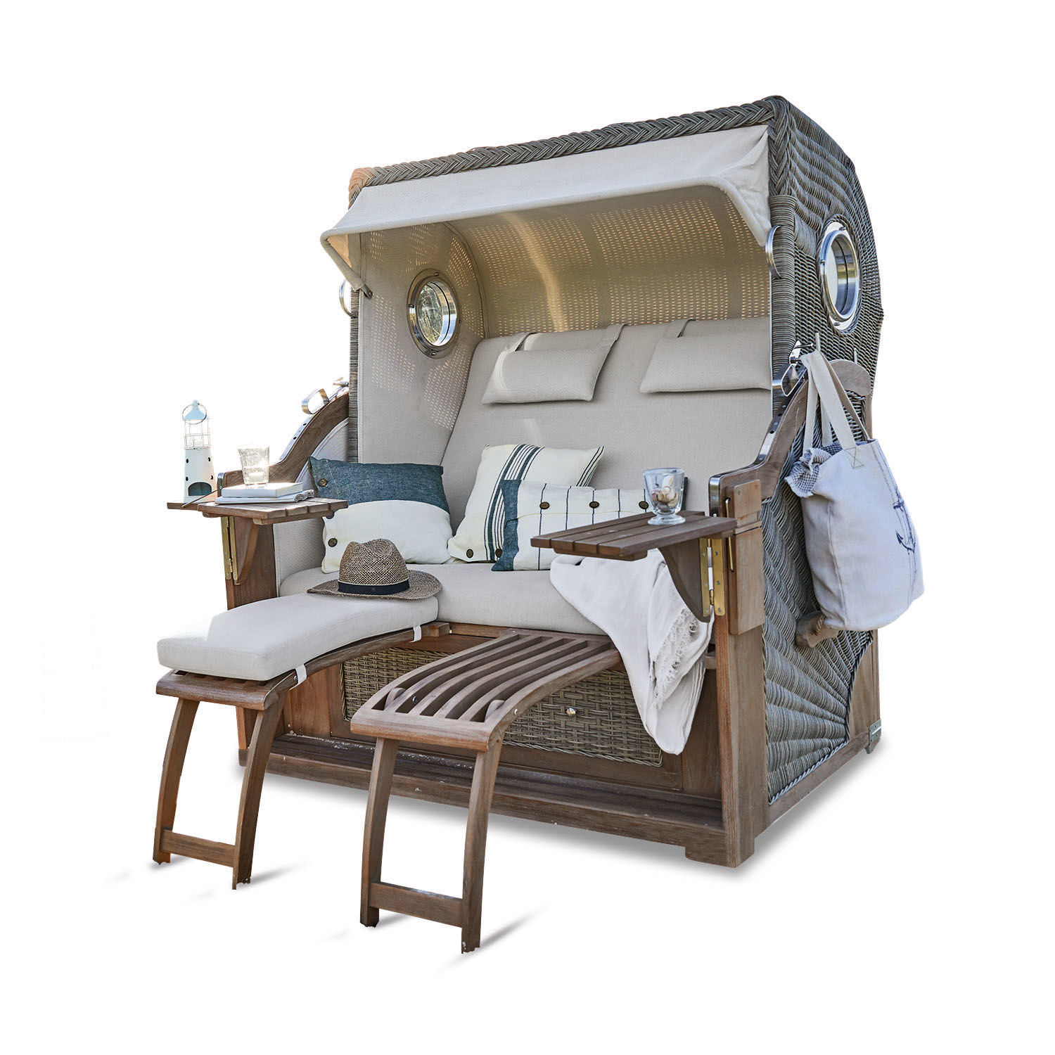 Strandkorb Clifford Beach Zweisitziger Strandkorb aus Holz und Rattan in Beige mit Fußstützen und Kissen