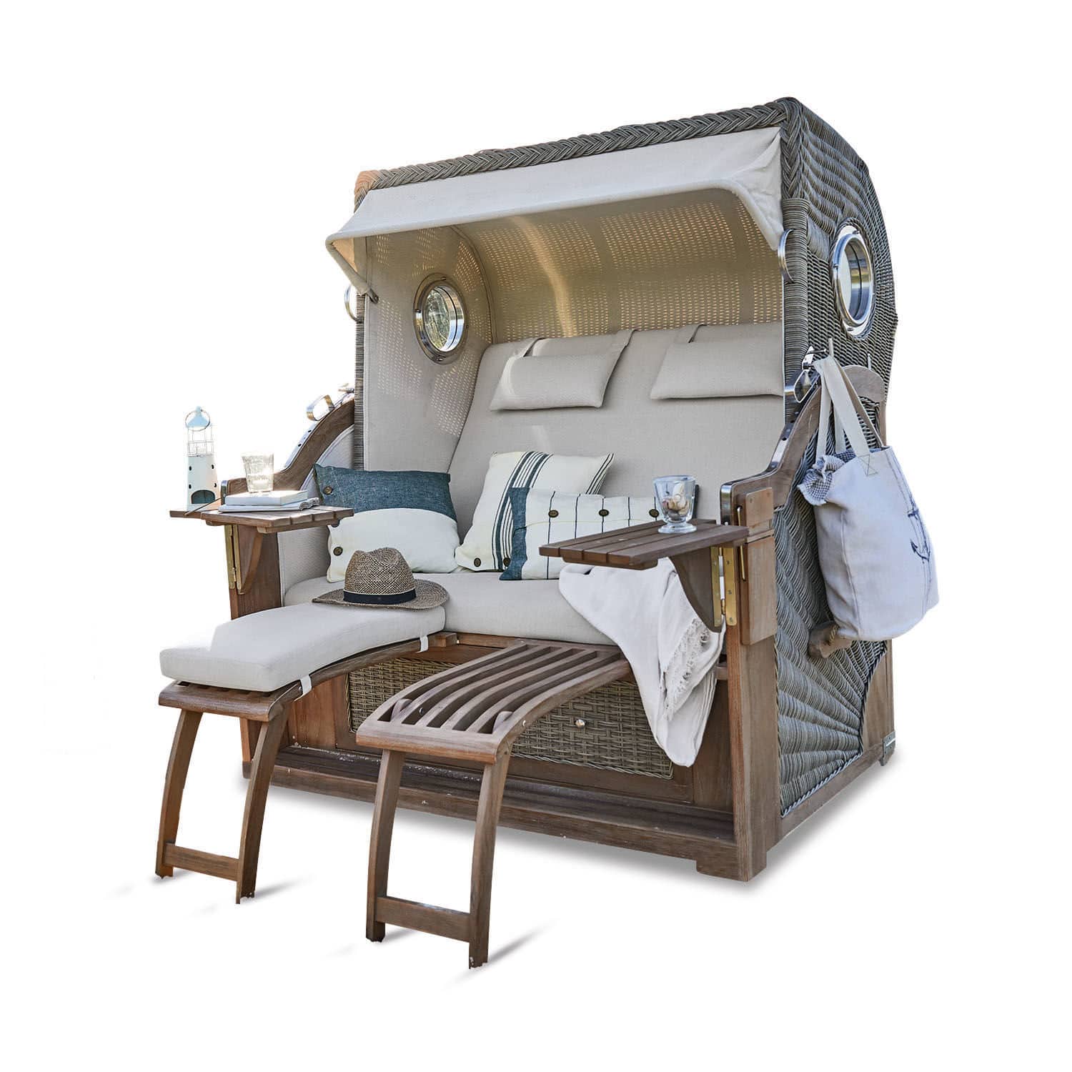 Strandkorb Clifford Beach Zweisitziger Strandkorb aus Holz und Rattan in Beige mit Fußstützen und Kissen