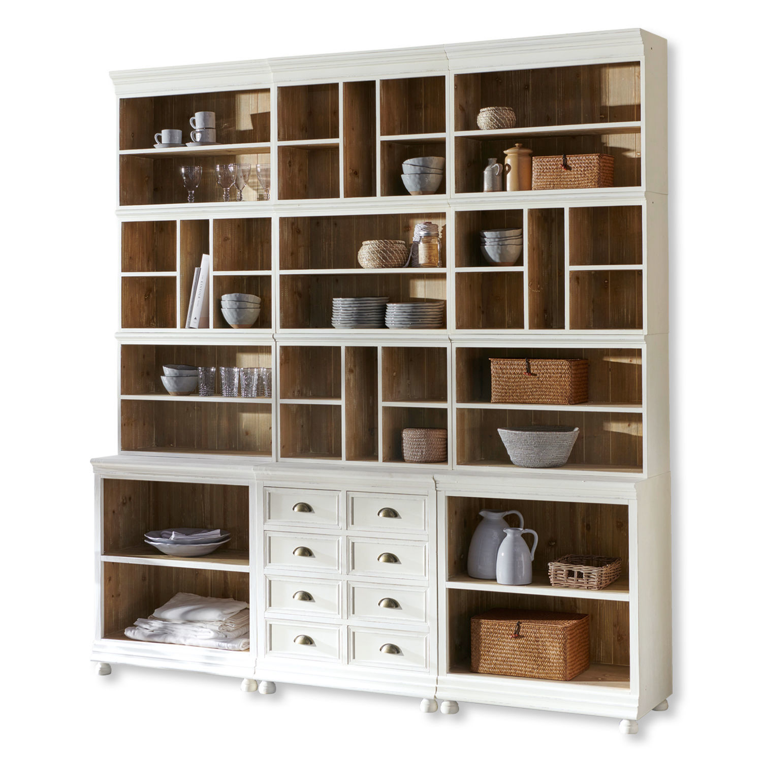 weiß Weißer Holzschrank Shrewsbury mit vielen offenen Fächern und Schubladen für Wohnzimmer