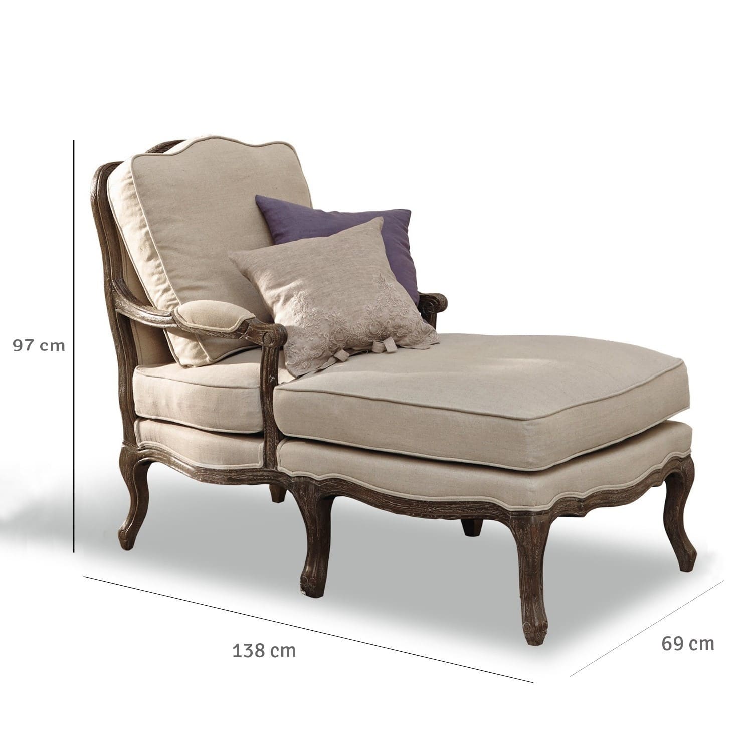 Beige Chaiselongue mit Holzrahmen und weichen Kissen, klassisches Wohnzimmermöbel zum Entspannen