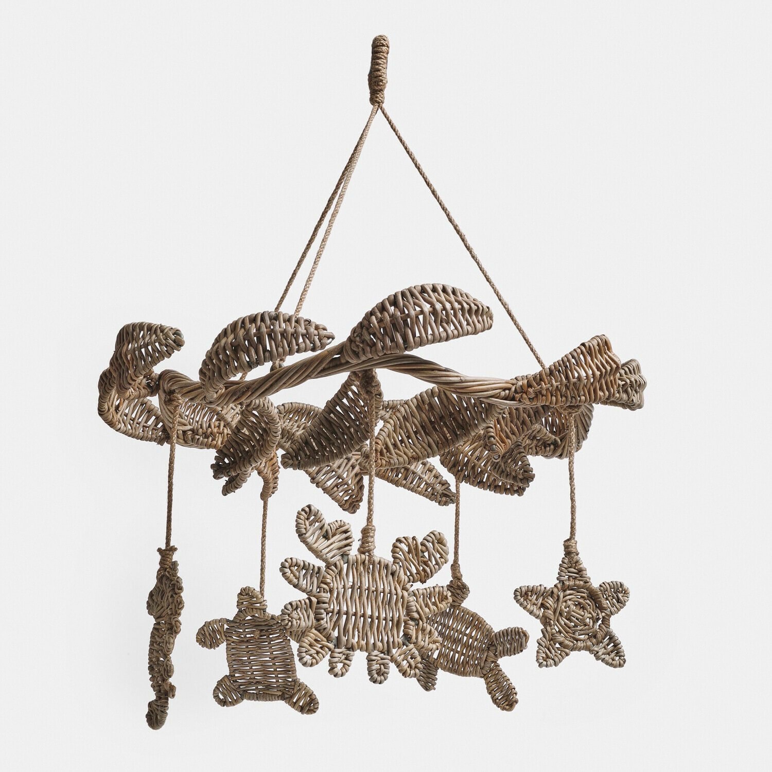Mobile Étoille Hängendes Mobile aus natürlichem Rattan mit maritimen Tierformen in Beige für Dekoration