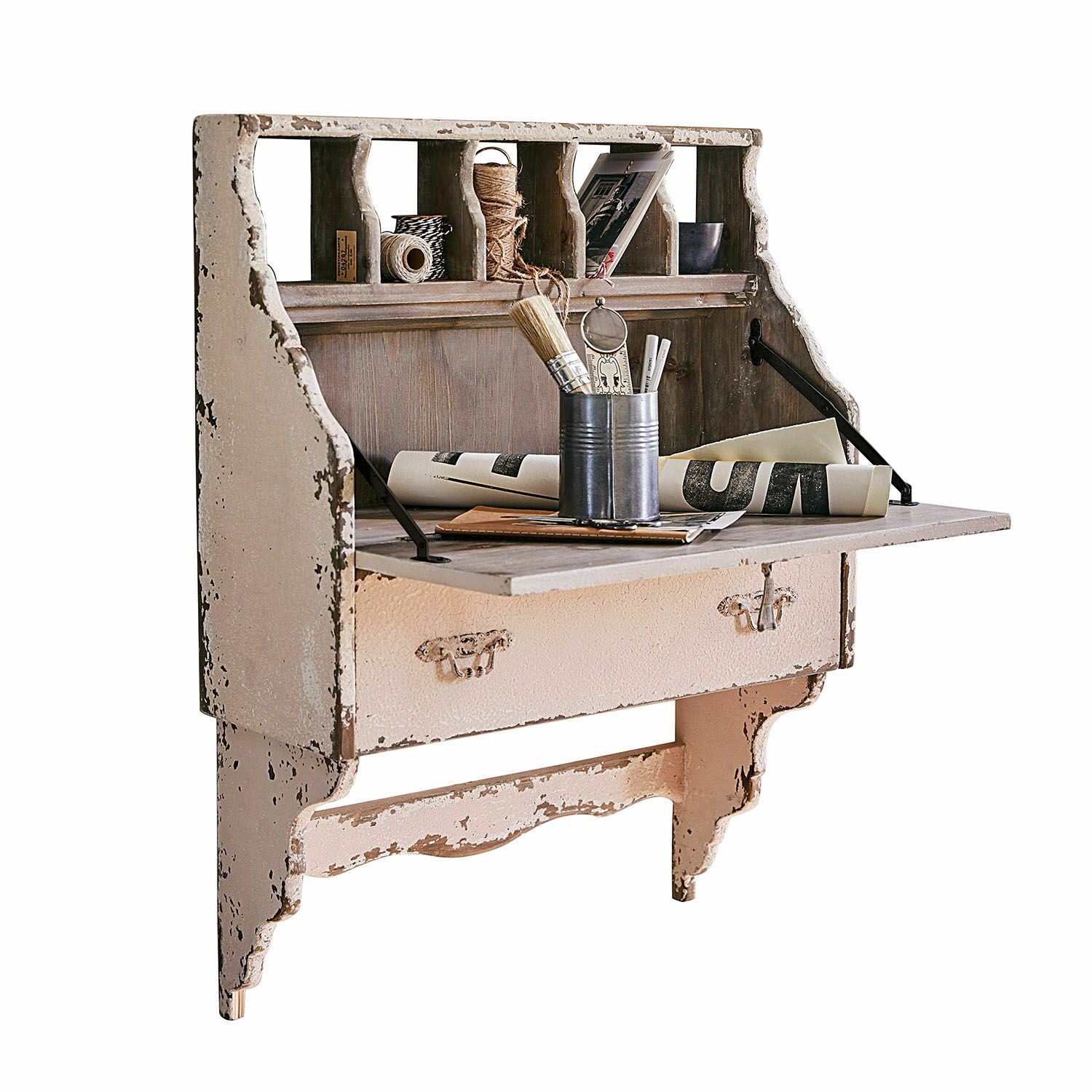 Wandsekretär Sandrine Rustikales Wandregal aus Holz mit klappbarer Schreibfläche und Schublade in Cremefarbe