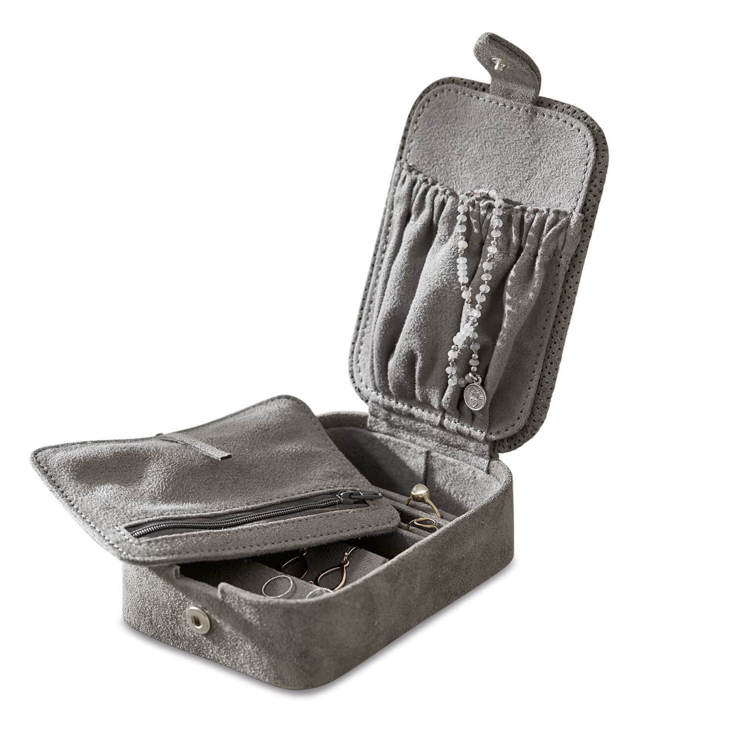 Graue Schmuckbox aus Wildleder mit Fächern und Reißverschlusstasche zur Aufbewahrung