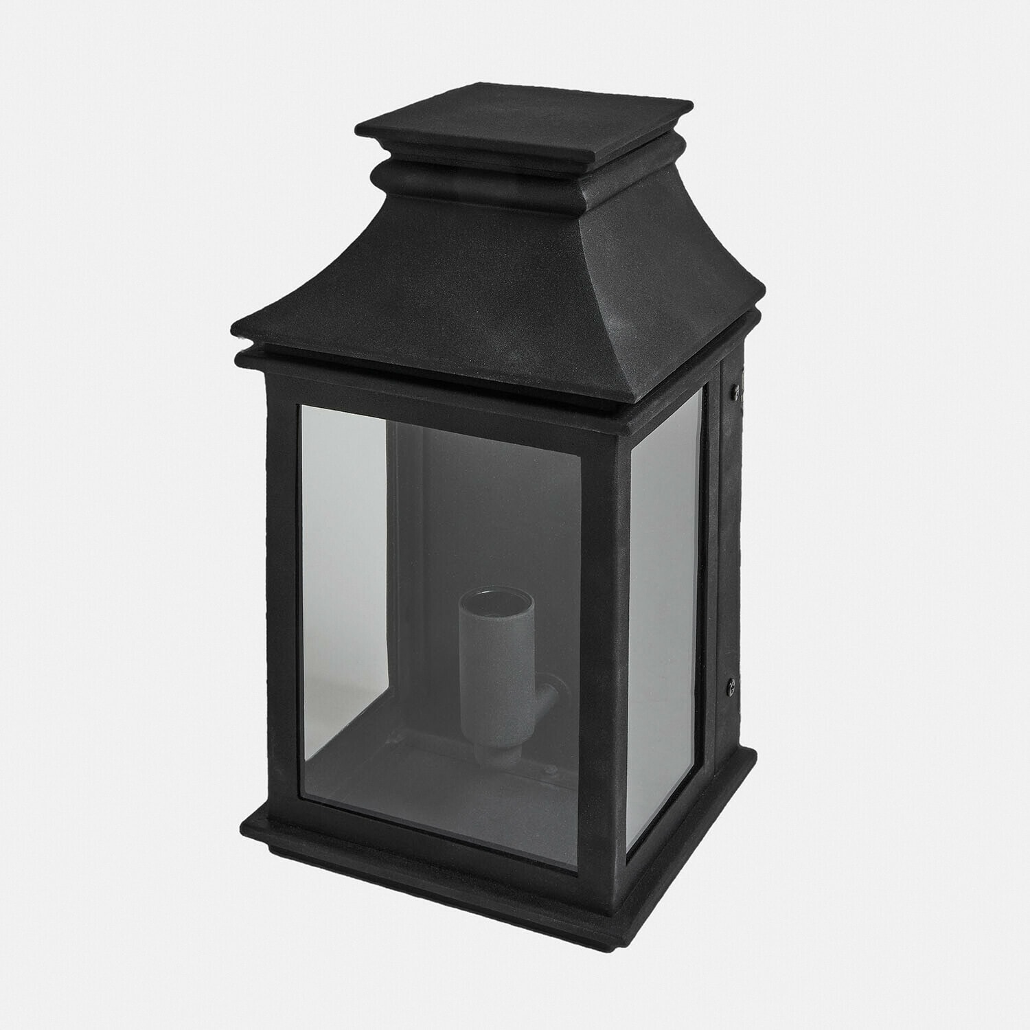 Schwarze Metalllaterne mit klarem Glas und Kerzenhalter, dekorative Gartenbeleuchtung