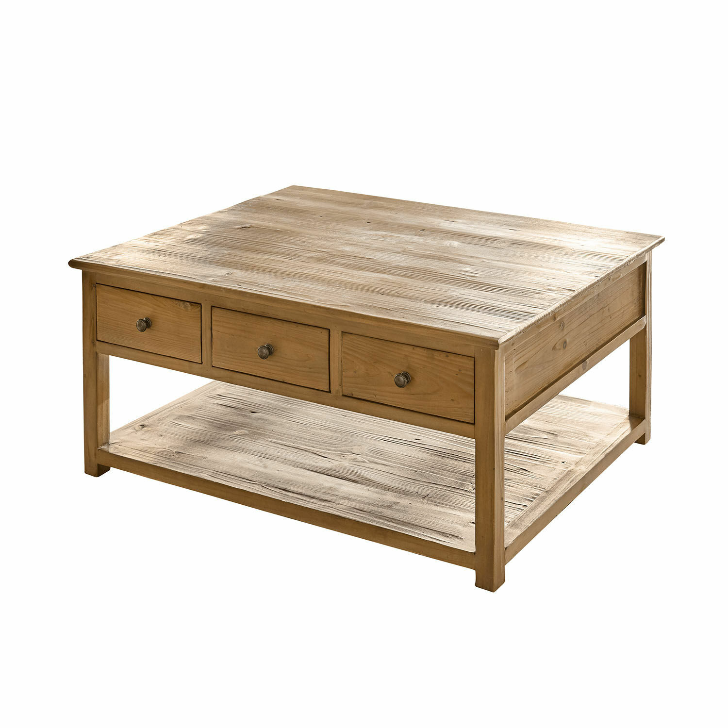 Quadratischer Couchtisch aus Holz in Naturfarbe mit drei Schubladen und unterem Regal