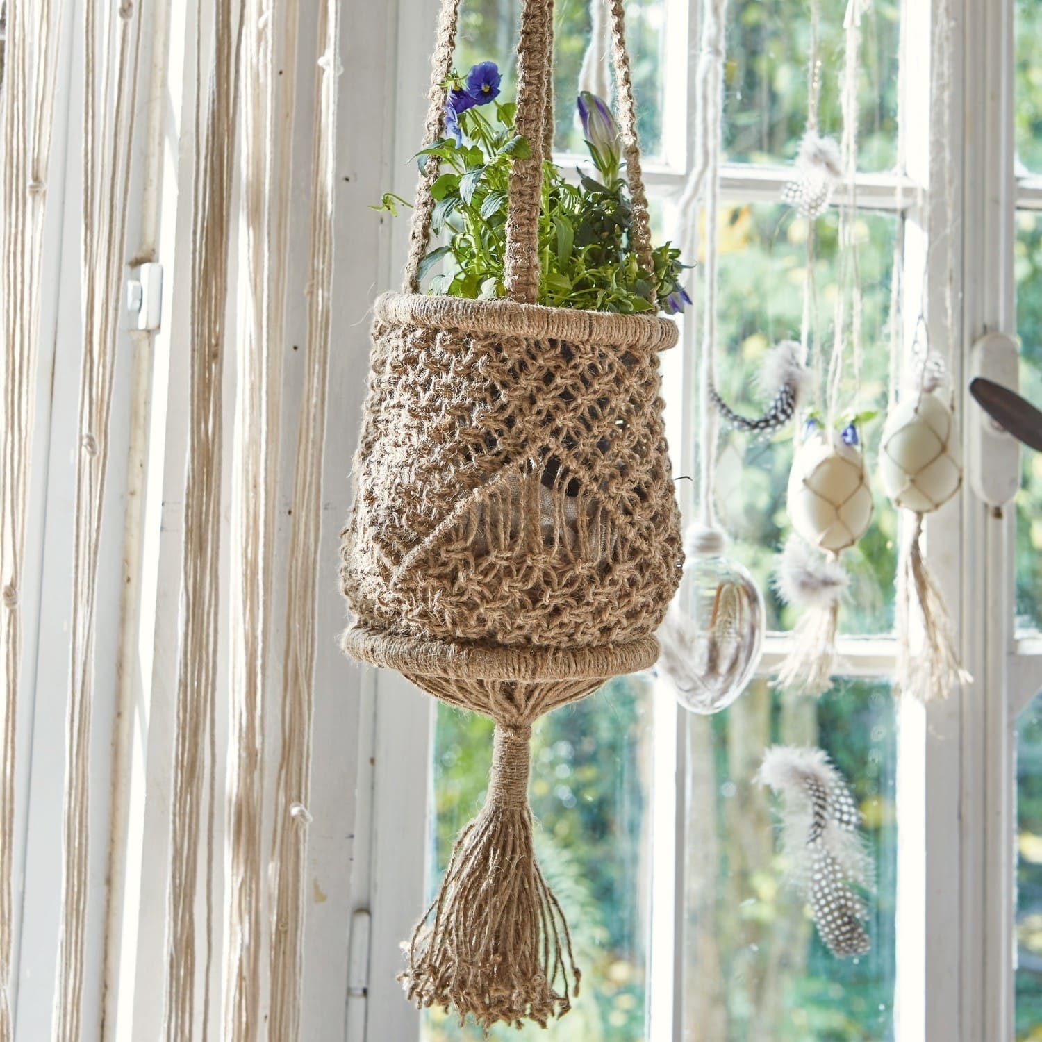 Hängender Blumentopf aus naturfarbenem Makramee mit grünen Pflanzen und violetten Blüten am Fenster