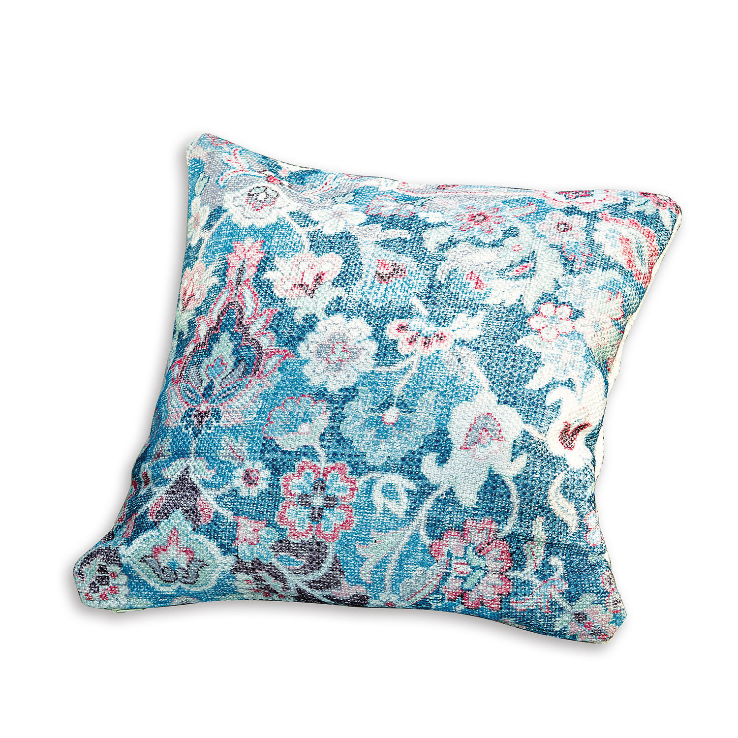Dekoratives Kissen aus Stoff mit blau-rosa Blumenmuster, weich und stilvoll fürs Wohnzimmer