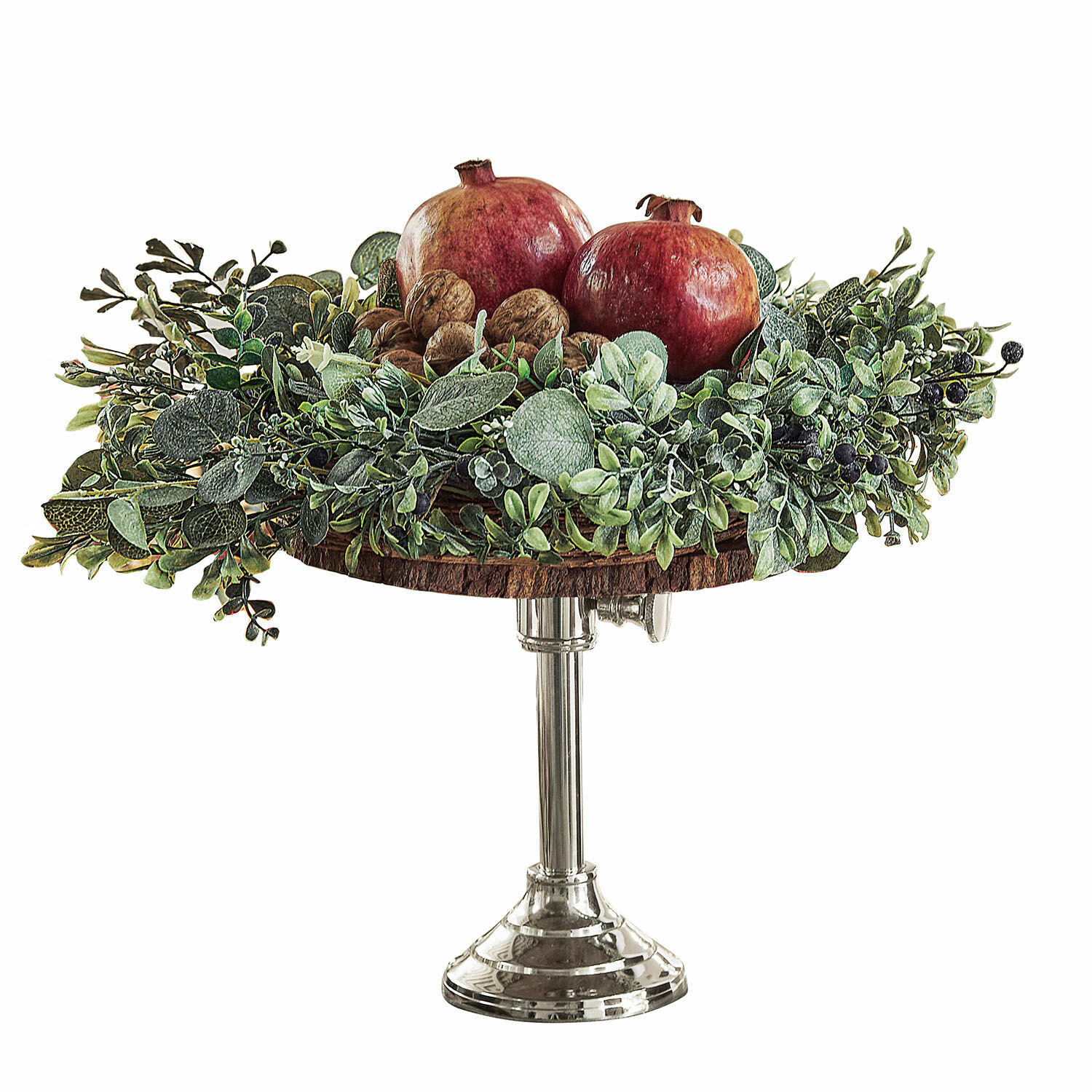 Etagere Danice II Dekorativer Metallteller mit Holzplatte, verziert mit Granatäpfeln und grünen Blättern