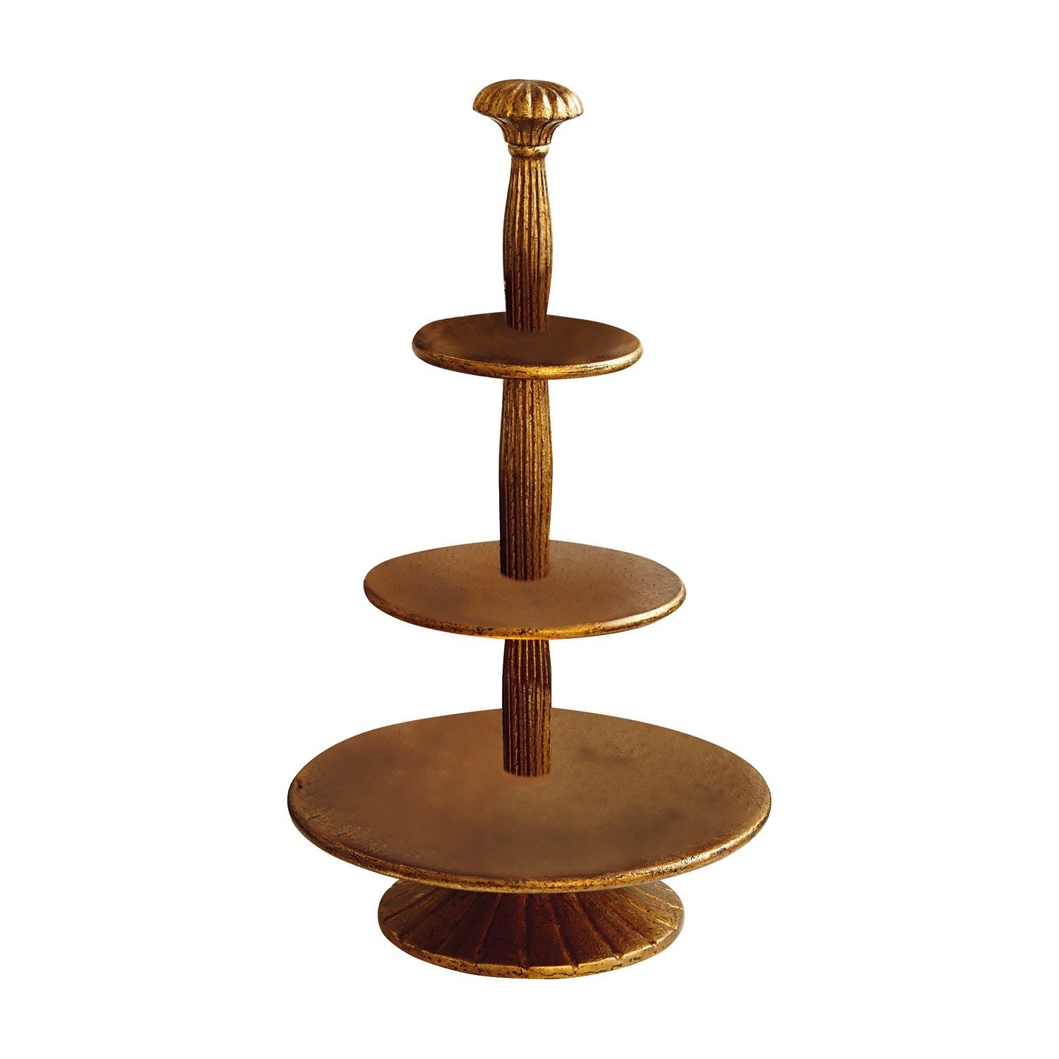 Dreistöckige goldfarbene Metall-Etagere zum stilvollen Servieren von Snacks und Desserts