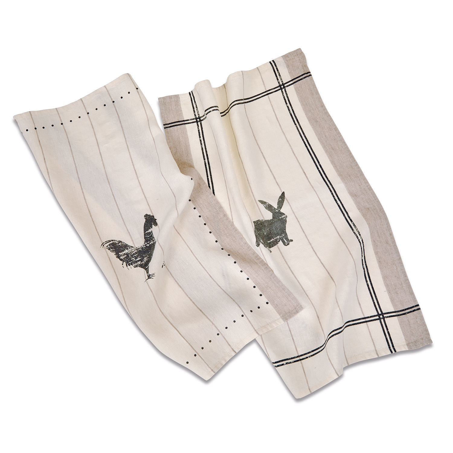 Leinen-Geschirrtücher in Creme mit Huhn- und Hasenmotiv, dekorativ und praktisch für die Küche