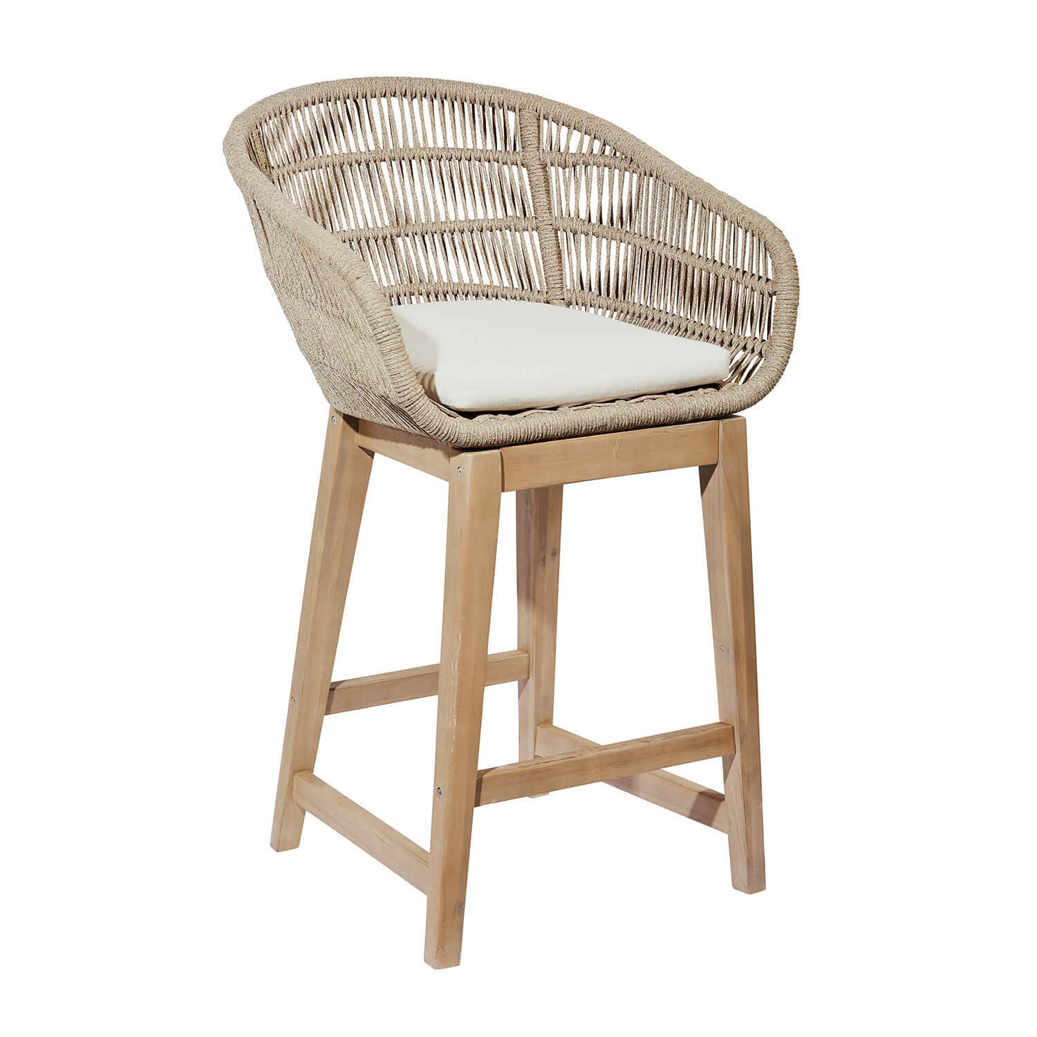 Barhocker aus Naturholz und beige geflochtenem Material mit weißem Sitzkissen