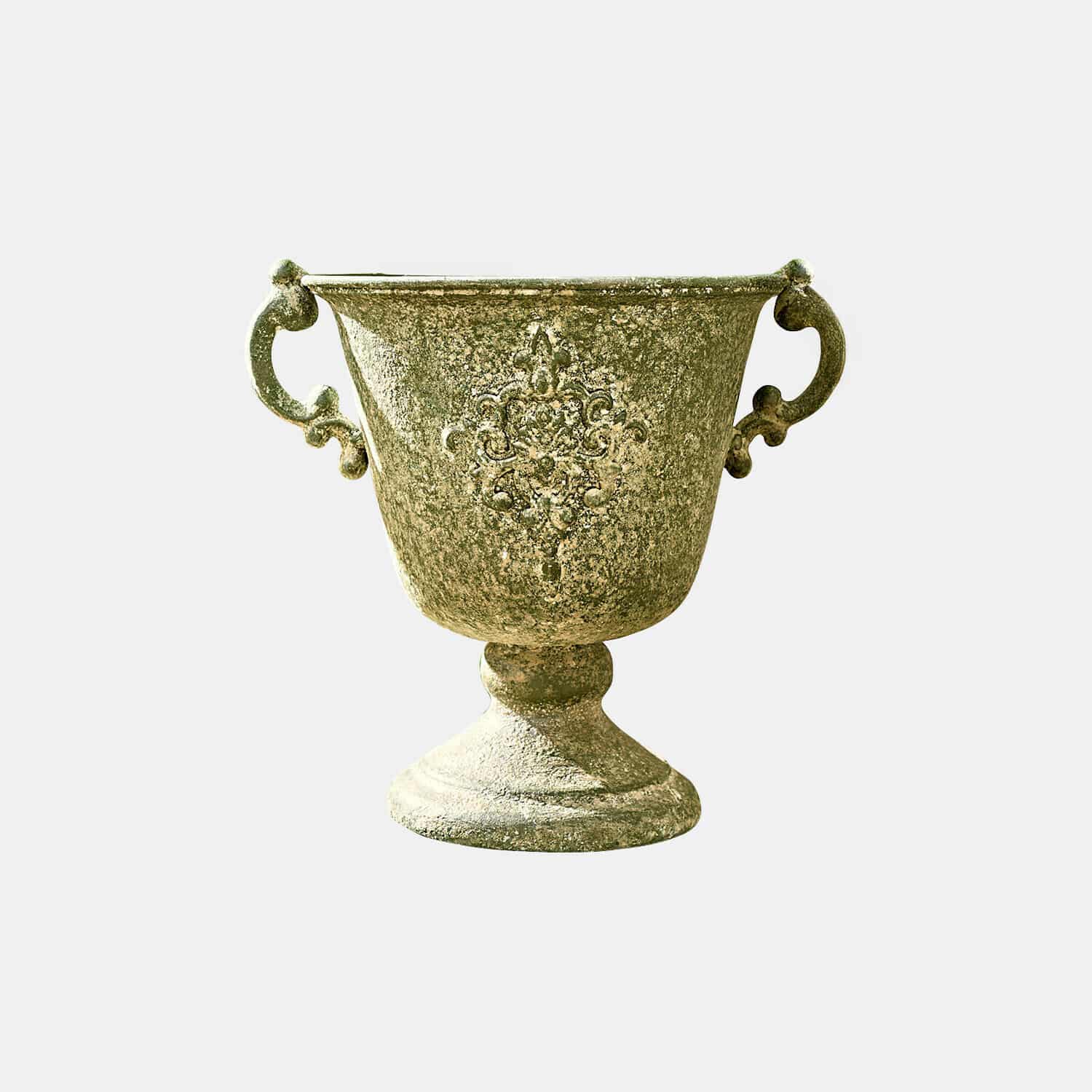 Grüner Metallvase mit zwei Griffen und Reliefmuster, dekorativer Gartenartikel