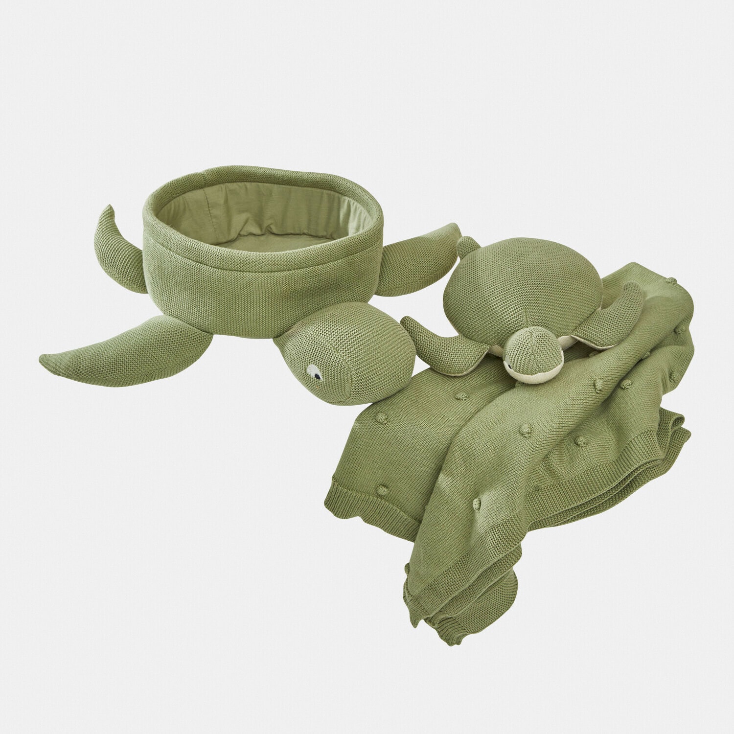 Stofftierset Bubbilo Grüner gestrickter Aufbewahrungsbehälter und Schildkrötenspielzeug aus weichem Material, Kinderzimmerdeko