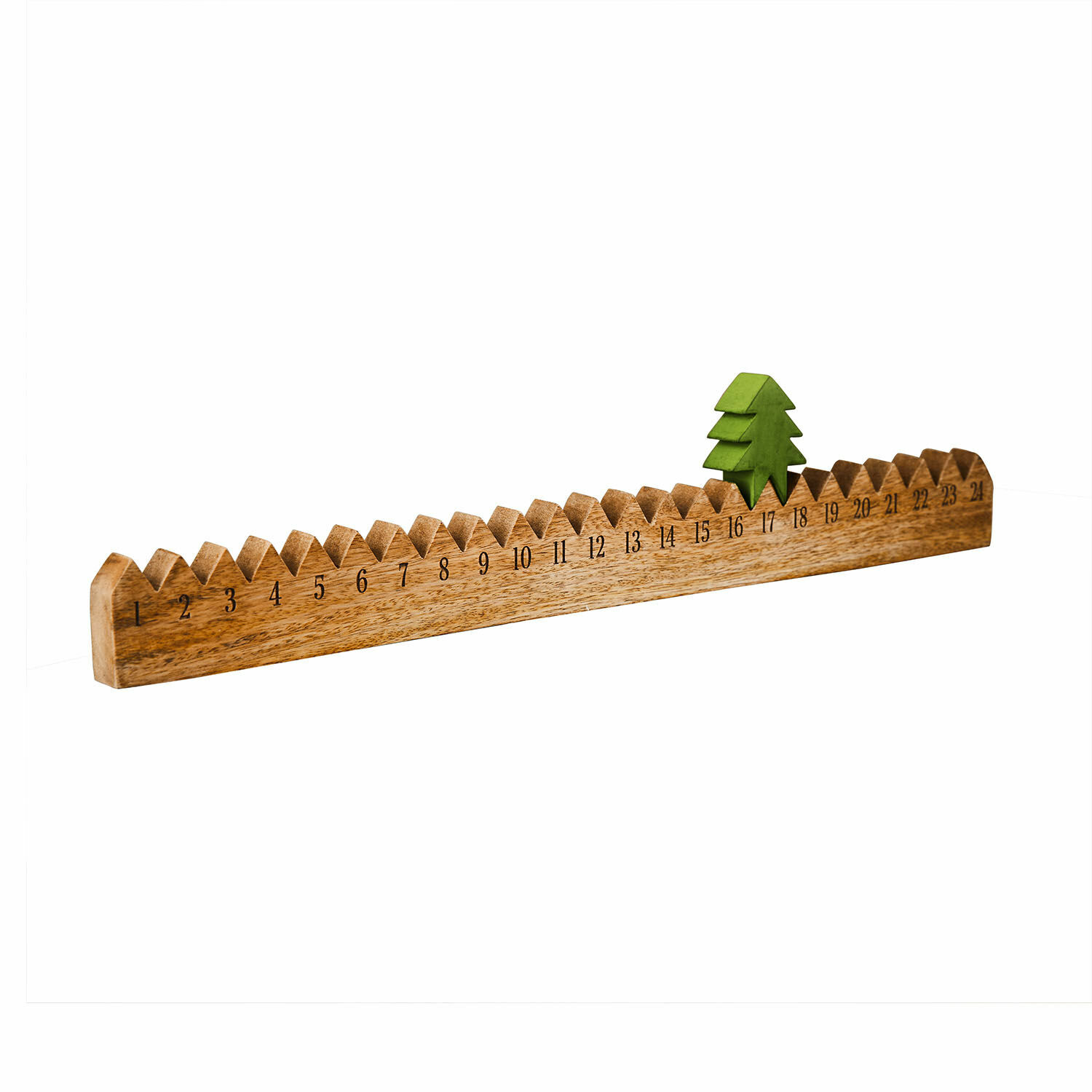 Holz-Adventskalender mit grüner Tannenbaumfigur und Zahlen von 1 bis 24, weihnachtliche Dekoration