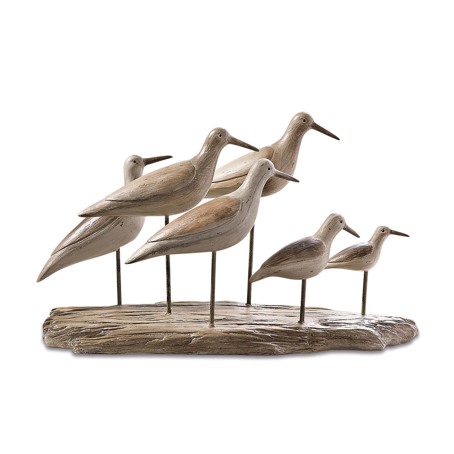 Vögel Kontreo Holzdekoration mit sechs Vögeln in natürlichen Beige- und Brauntönen auf holzähnlichem Sockel