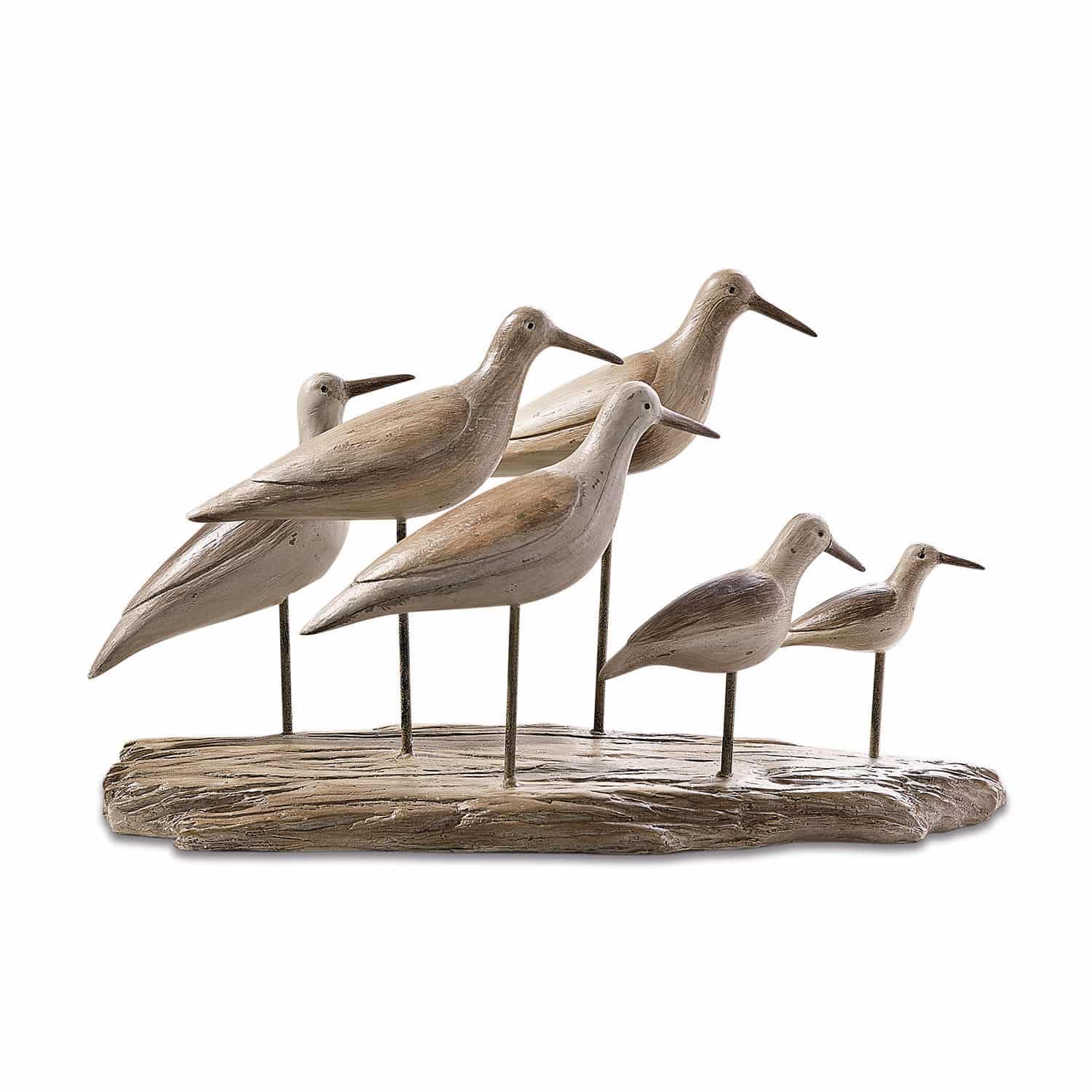 Vögel Kontreo Holzdekoration mit sechs Vögeln in natürlichen Beige- und Brauntönen auf holzähnlichem Sockel