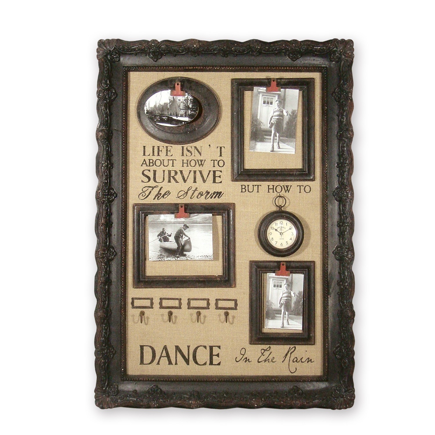 Dekorative Tafel mit Bilderrahmen, Uhr und Haken in dunklem Rahmen mit motivierendem Spruch