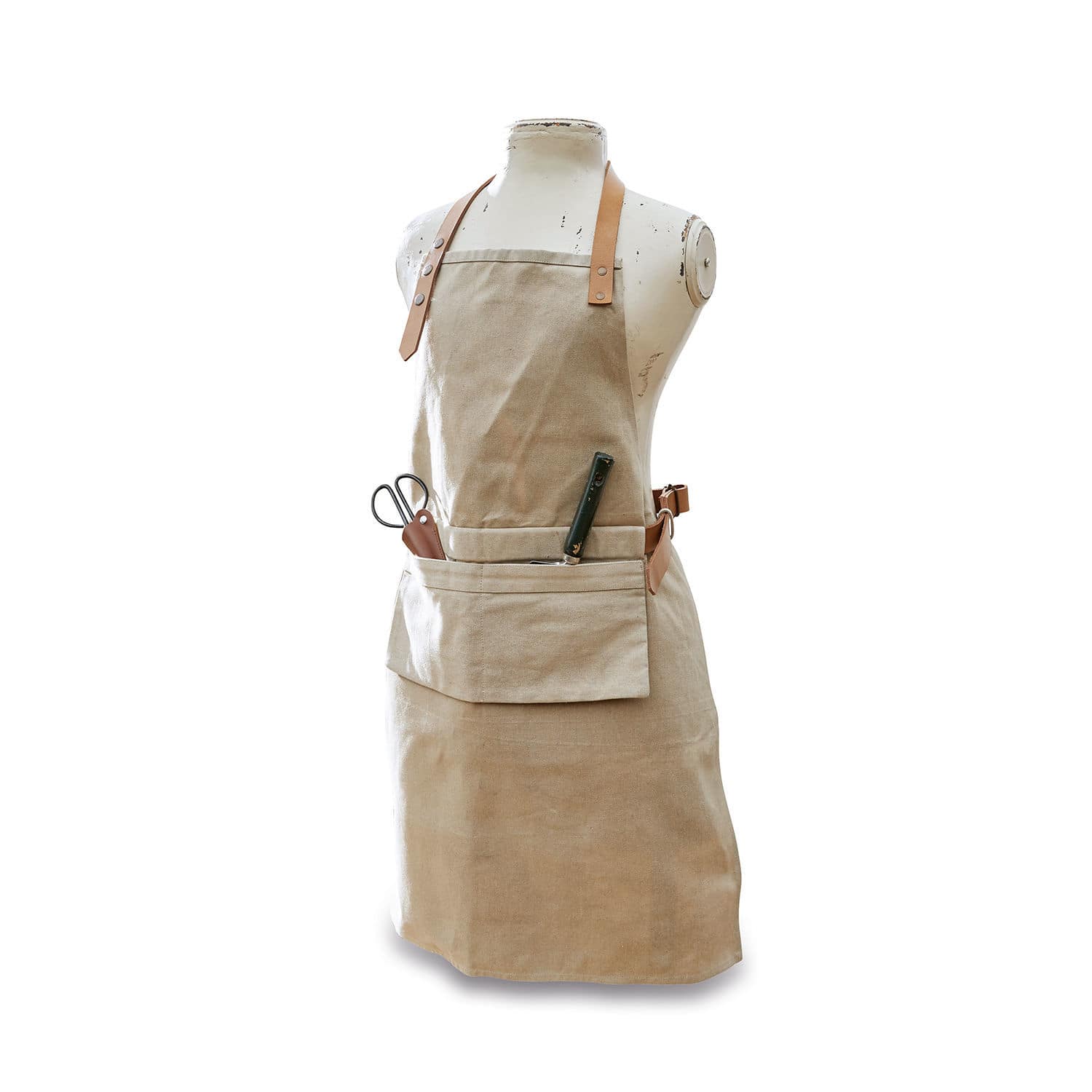 Schürze Garda Beiger Baumwollschürze mit Tasche und Lederriemen, praktischer Küchenschürze