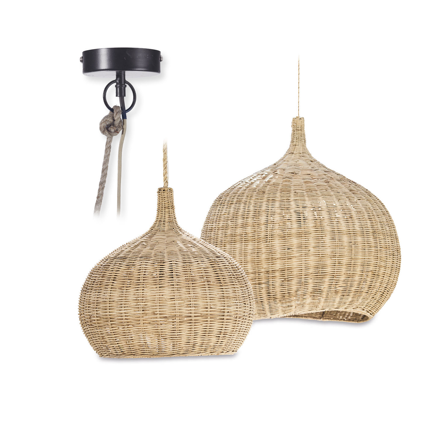 Hängelampe aus natürlichem Rattan mit schwarzer Deckenbefestigung, Boho-Stil Leuchte