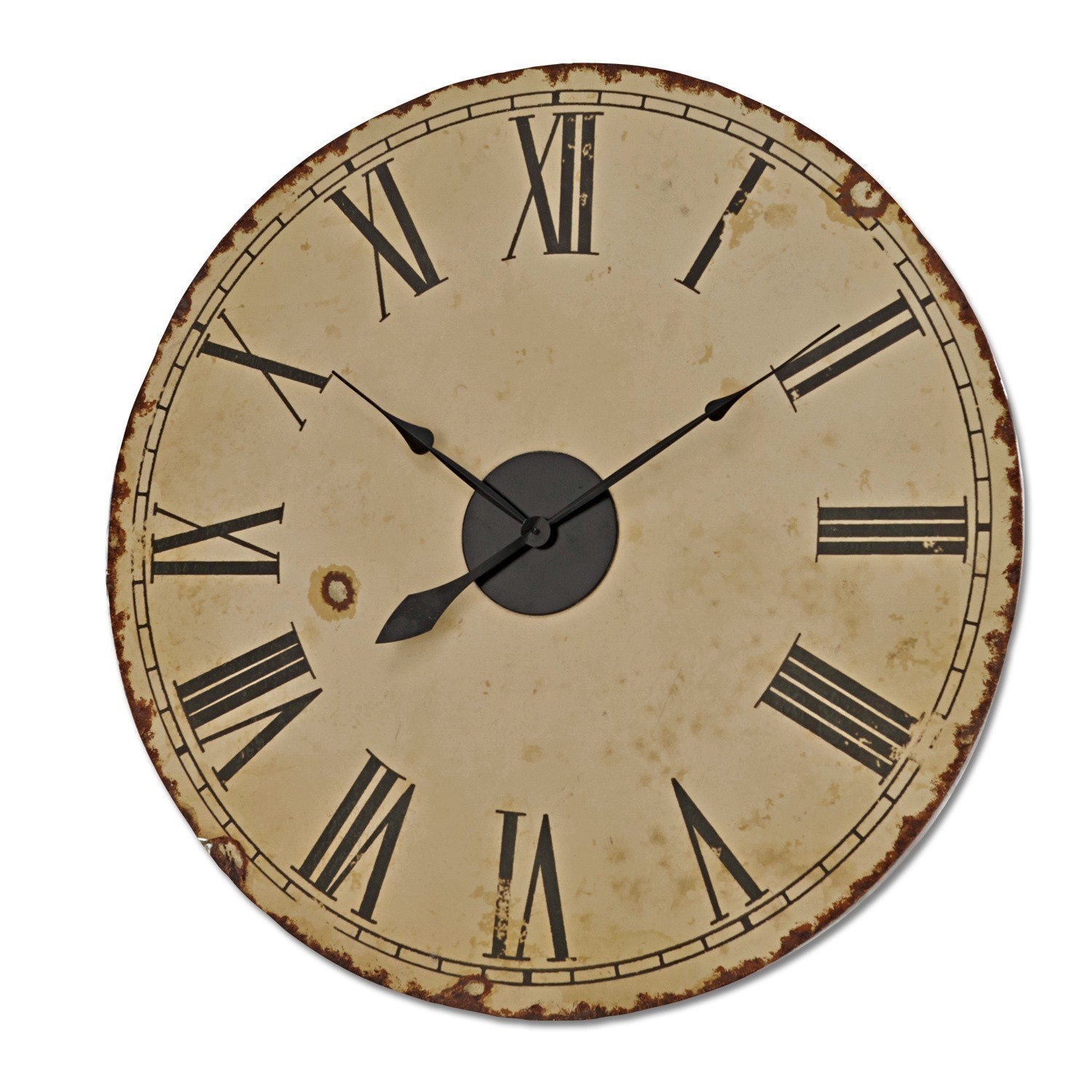 Runde Wanduhr mit gealtertem beigem Zifferblatt und schwarzen römischen Zahlen
