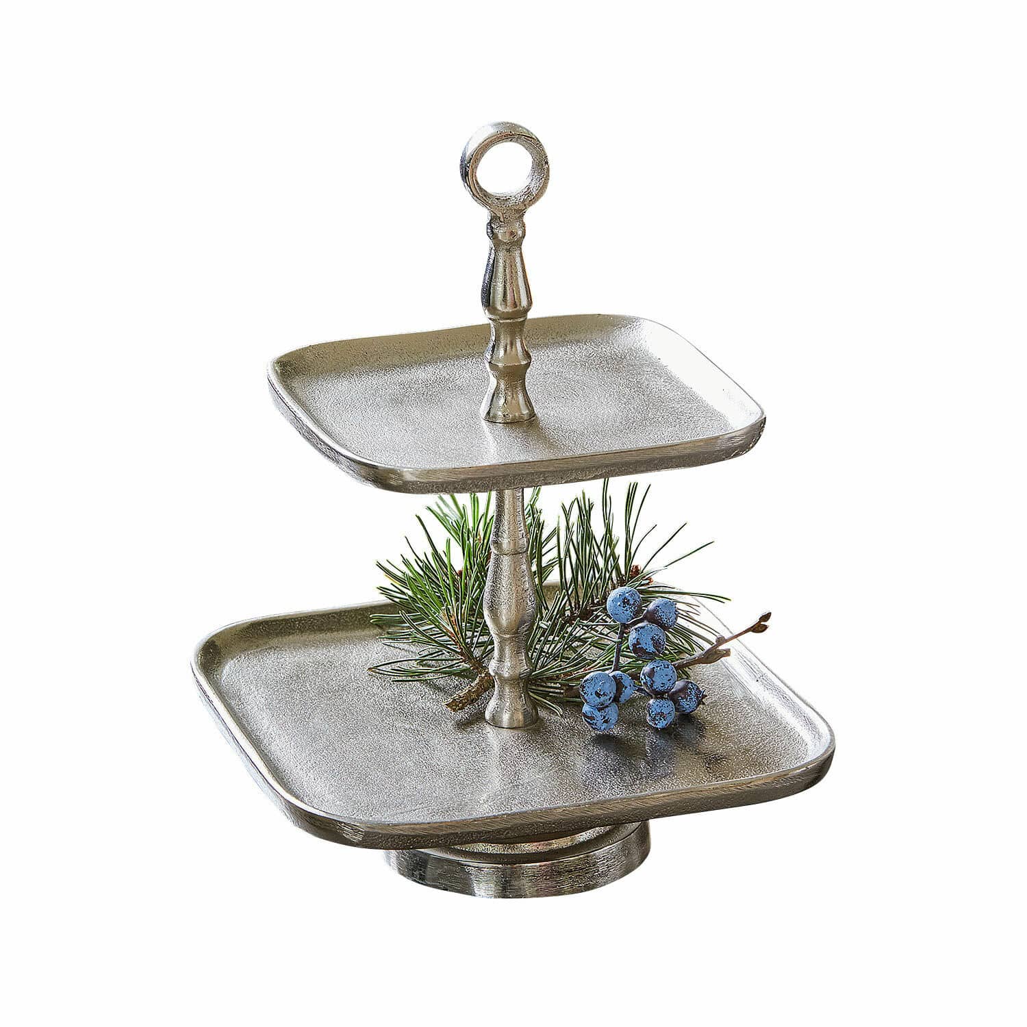 Etagere Tuarla Zweistufige silberne Metall-Etagere mit Zweig- und Beeren-Dekor, eleganter Snackständer