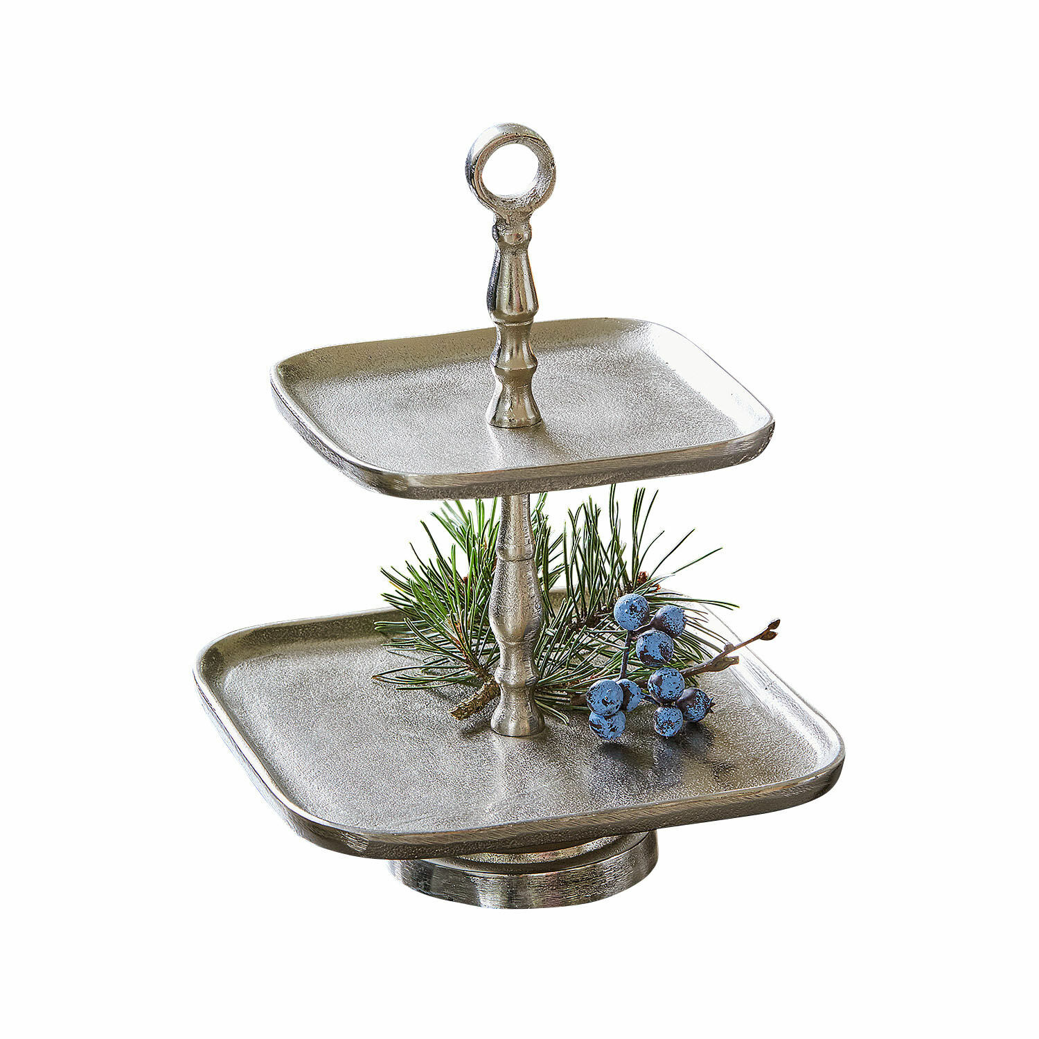 Etagere Tuarla Zweistufige silberne Metall-Etagere mit Zweig- und Beeren-Dekor, eleganter Snackständer