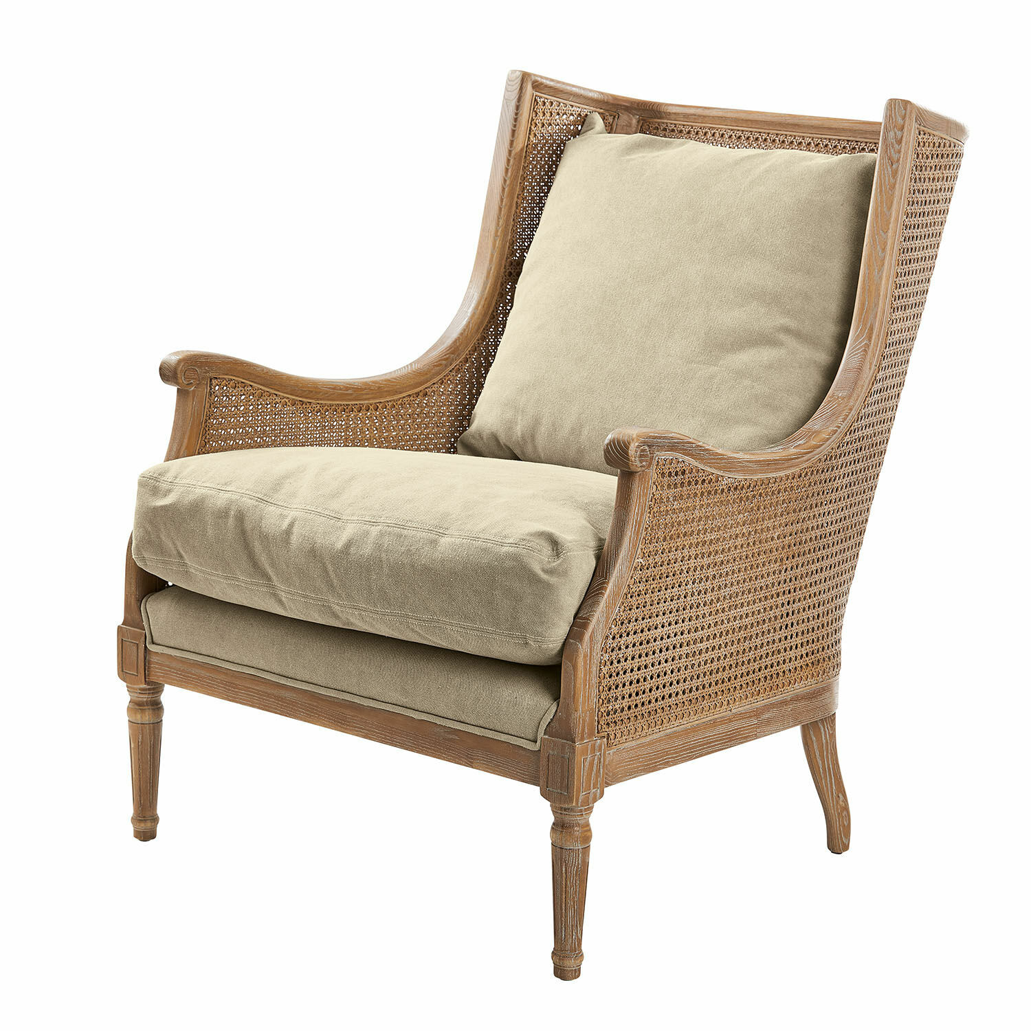Sessel Greenbrier Vintage Sessel aus Holz und Geflecht mit beigen Kissen, bequemer Polstersessel fürs Wohnzimmer