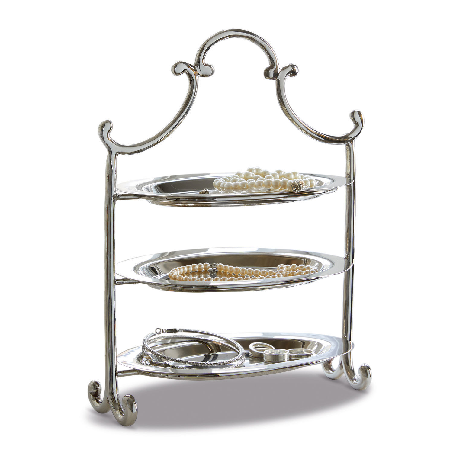 Dreistöckiges silbernes Metalltablett zur Aufbewahrung von Schmuck und Accessoires