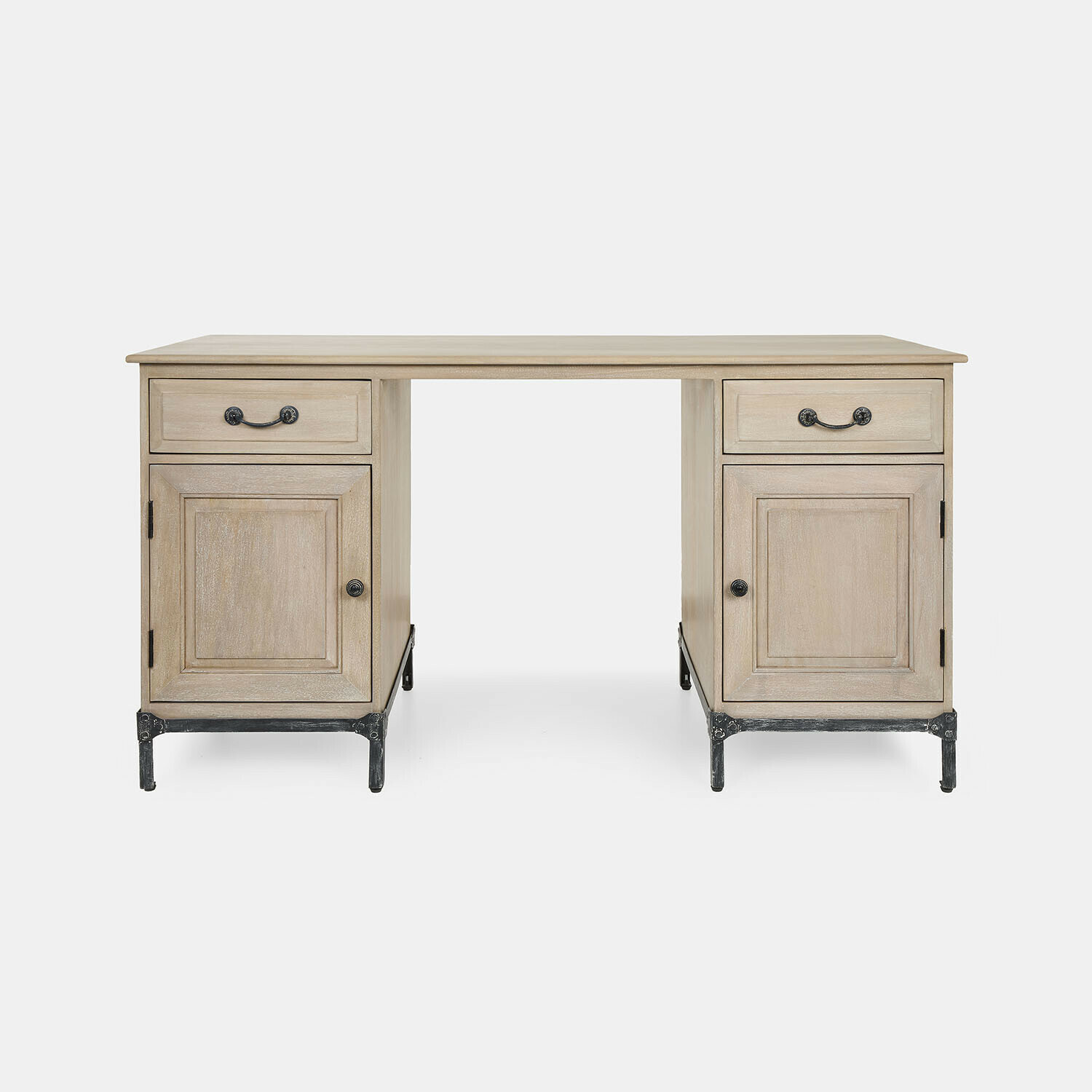Schreibtisch Aldrics Schreibtisch aus hellem Holz mit Schubladen und Metallbeinen, klassisches Möbelstück fürs Büro