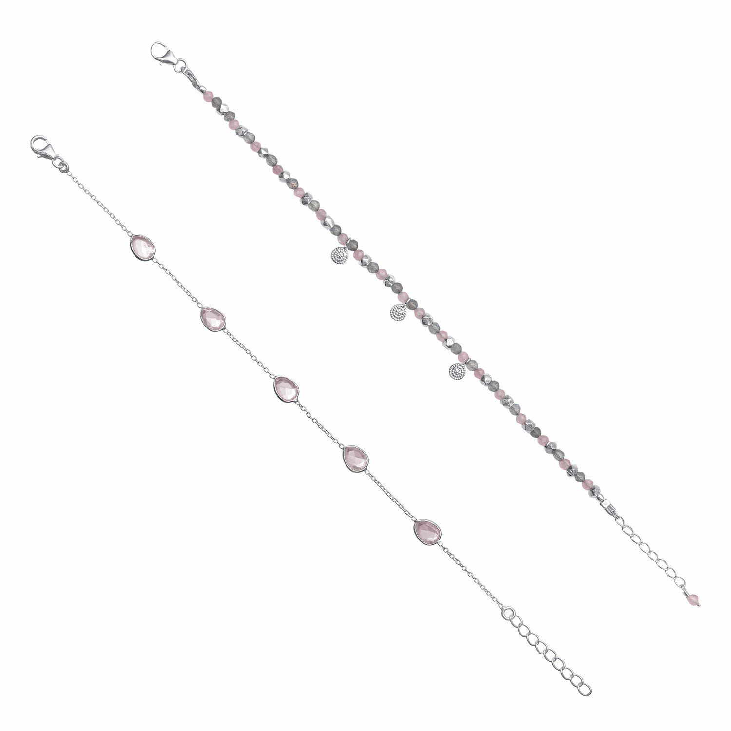 Zwei filigrane Armbänder mit rosa Steinen und silberner Kette, elegante Damenschmuck