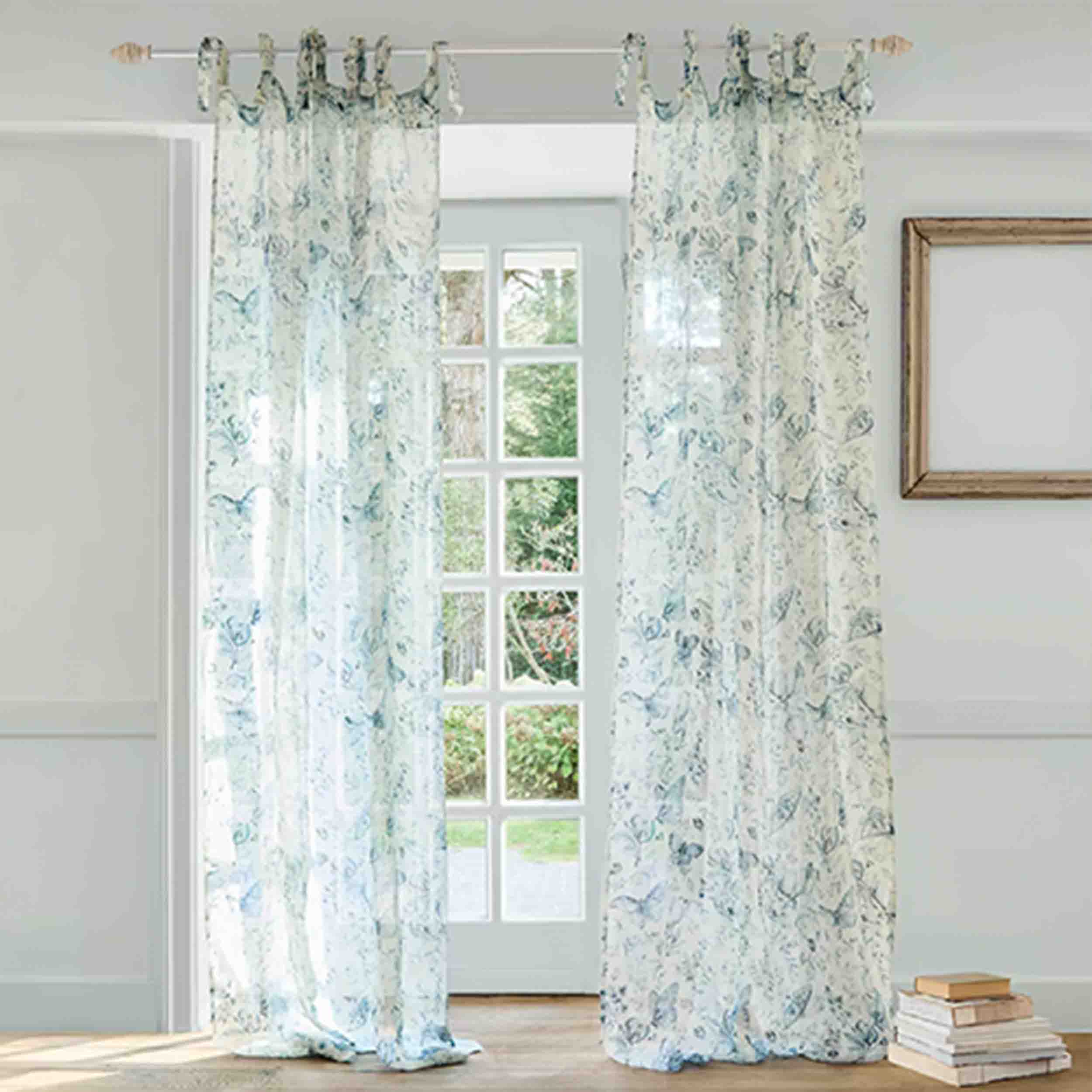 Transparente Vorhänge mit blauem Schmetterlingsmuster, leichte Stoffe für Fensterdekoration